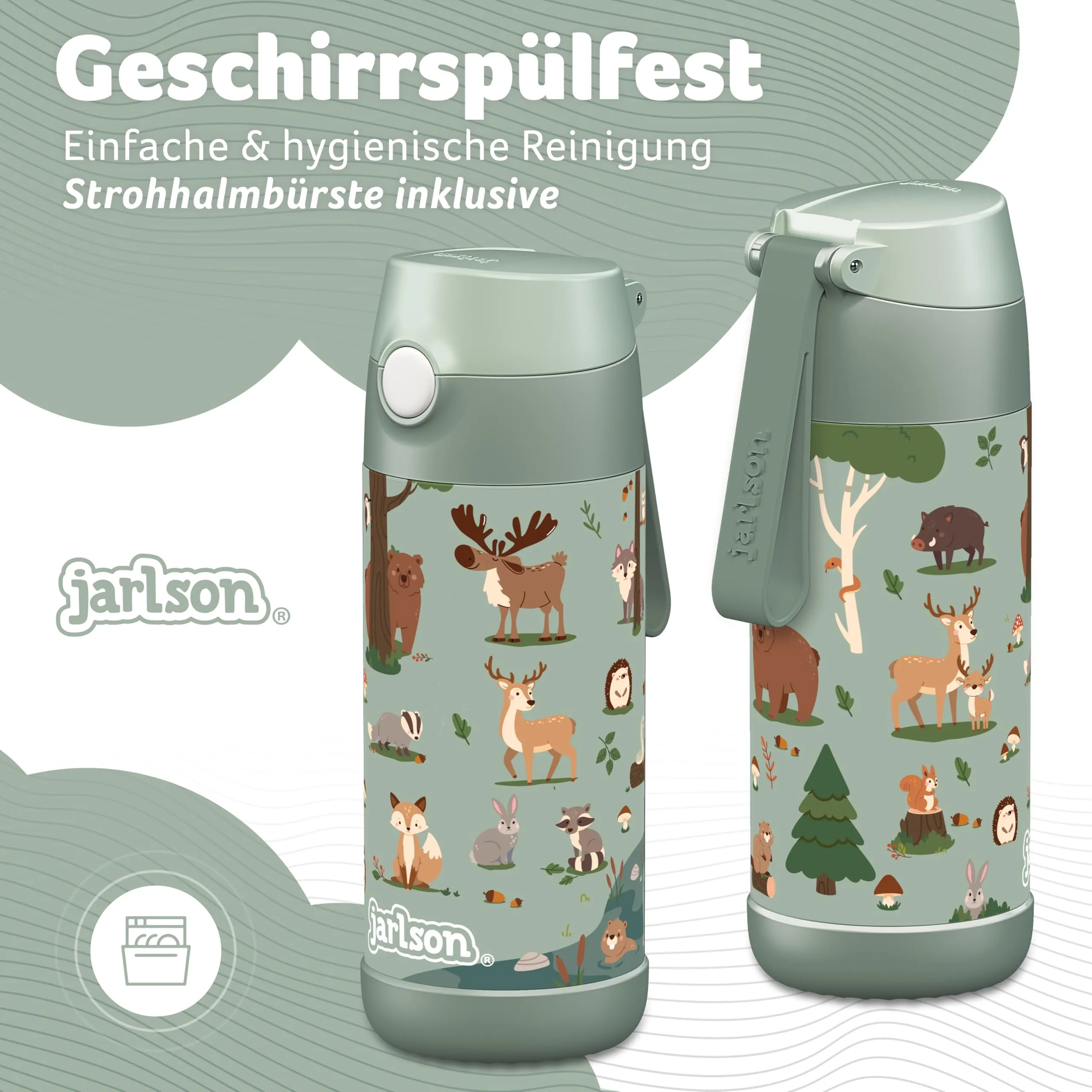 Jarlson Borraccia Termica Bambini Charli con Cannuccia, Acciaio Inox, 350 ml, Animali della foresta - immagine 3