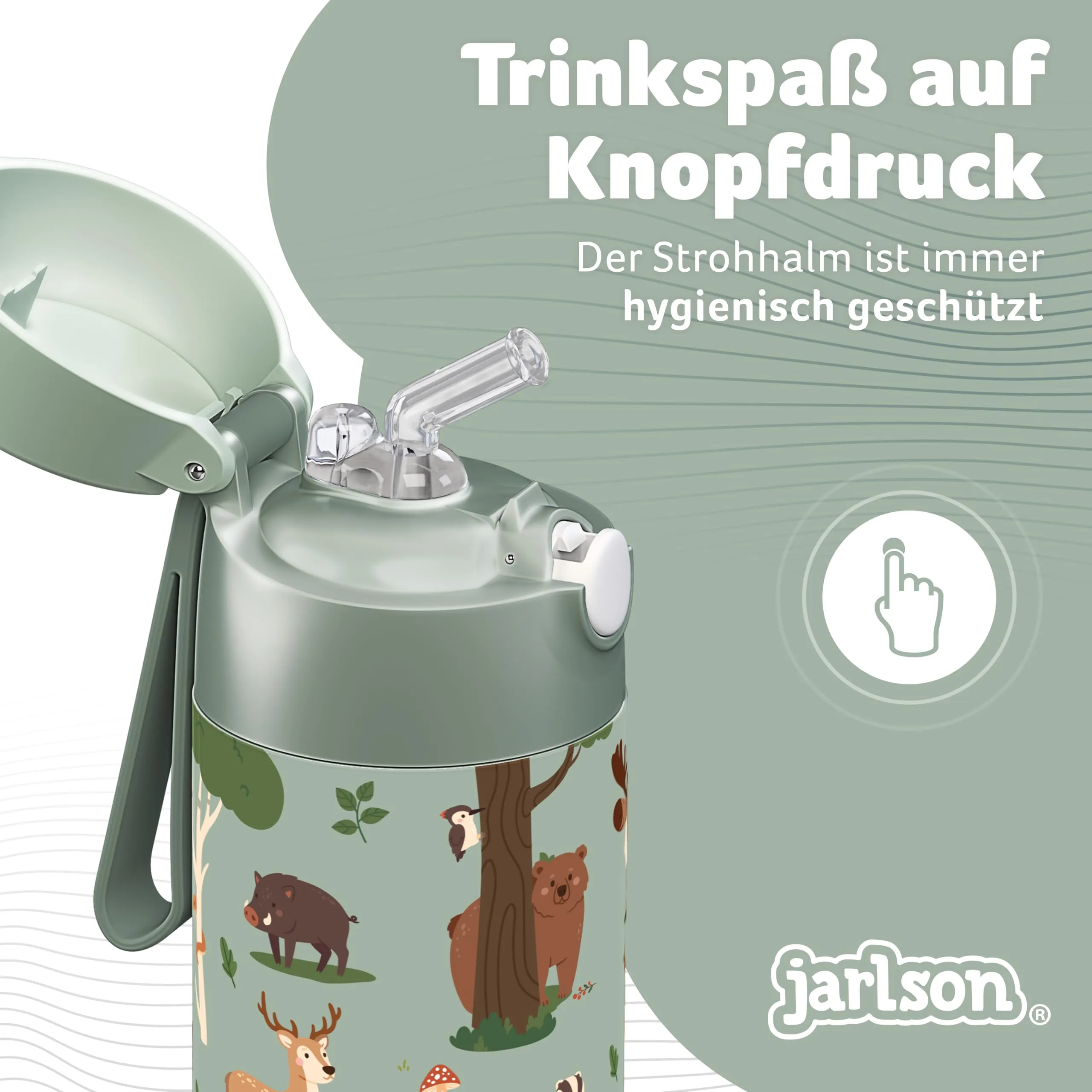 Jarlson Borraccia Termica Bambini Charli con Cannuccia, Acciaio Inox, 350 ml, Animali della foresta - immagine 4
