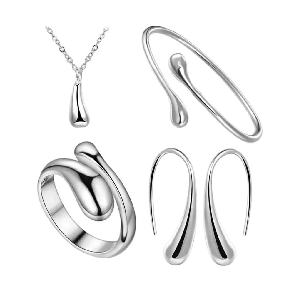 TOFBS Set di Gioielli a Goccia per Donna - Collana, Orecchini, Bracciale e Anello (Argento) - immagine 1
