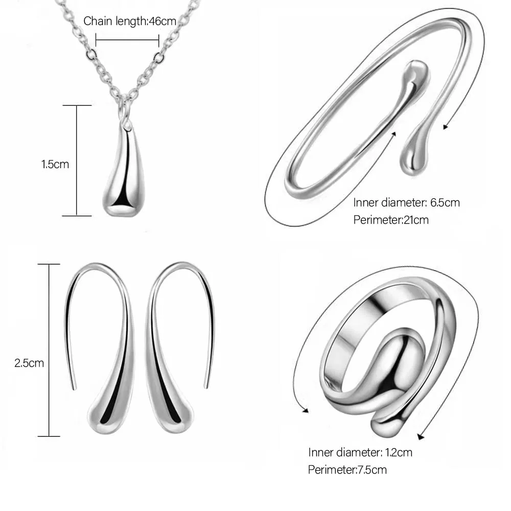 TOFBS Set di Gioielli a Goccia per Donna - Collana, Orecchini, Bracciale e Anello (Argento) - immagine 4