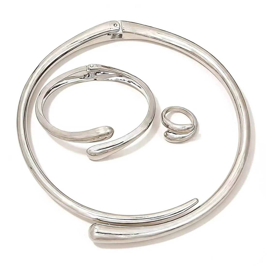 Cubahop Geometrico Metallo Choker Collana Braccialetto Anelli Set Argento - immagine 1
