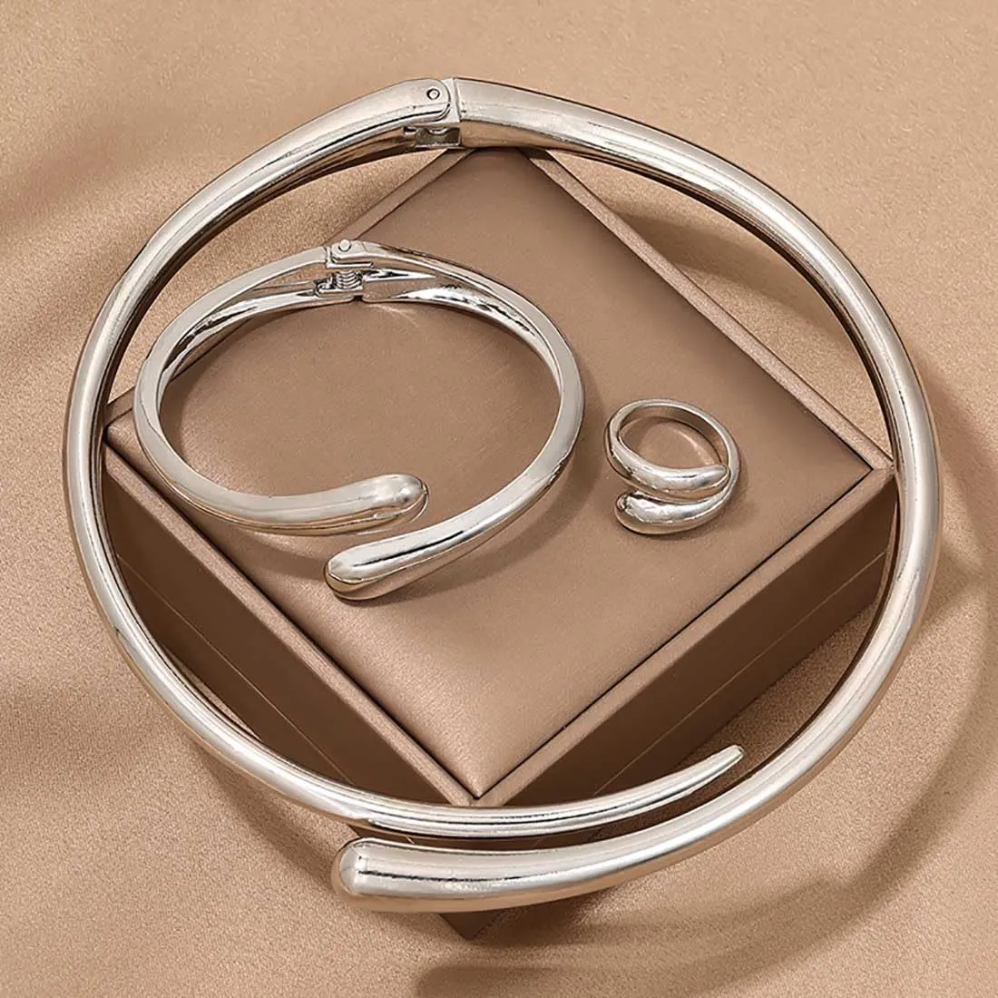 Cubahop Geometrico Metallo Choker Collana Braccialetto Anelli Set Argento - immagine 3