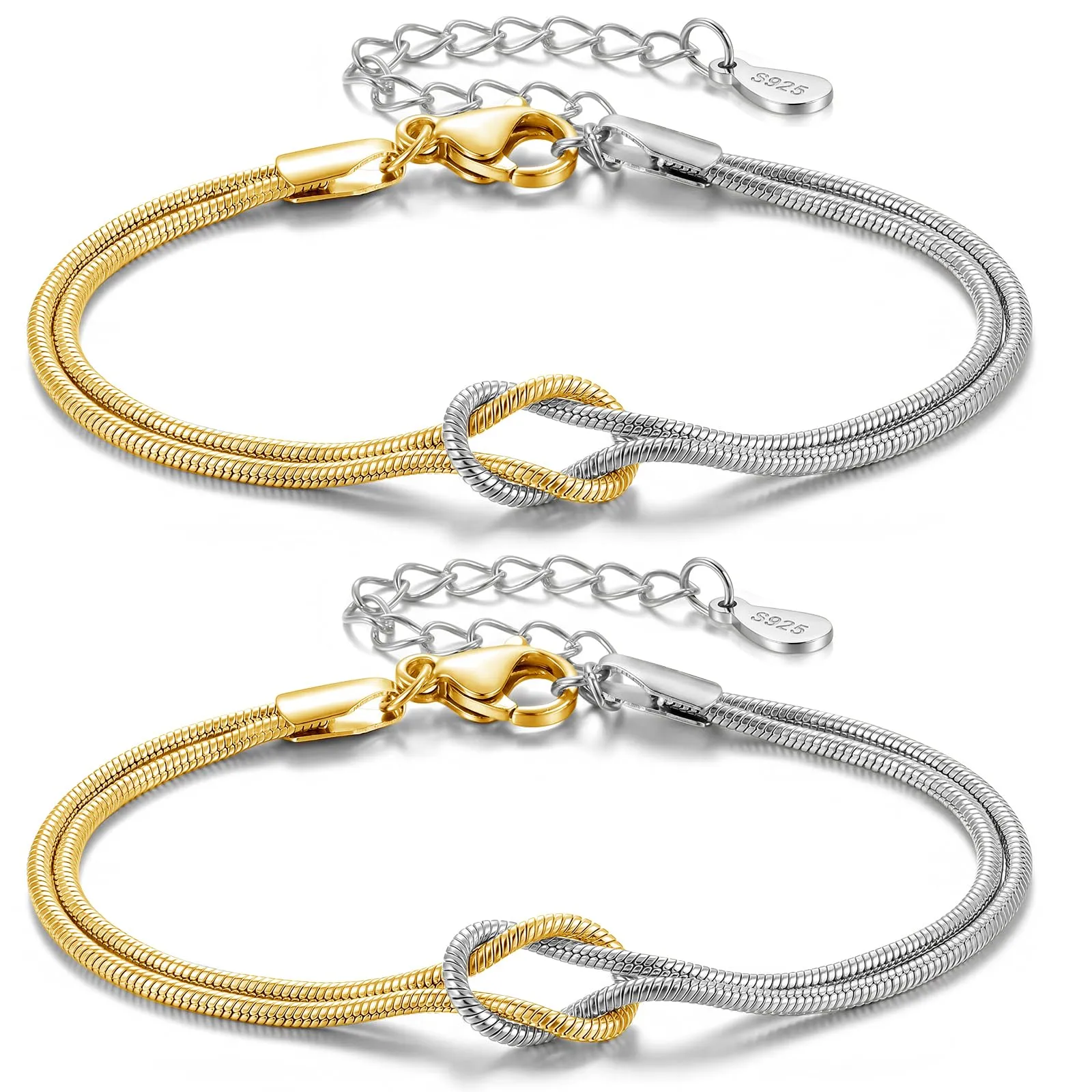 J.Fée Set di 2 Bracciali Nodo d'Amore in Argento 925 e Acciaio Oro, Regolabili - immagine 1