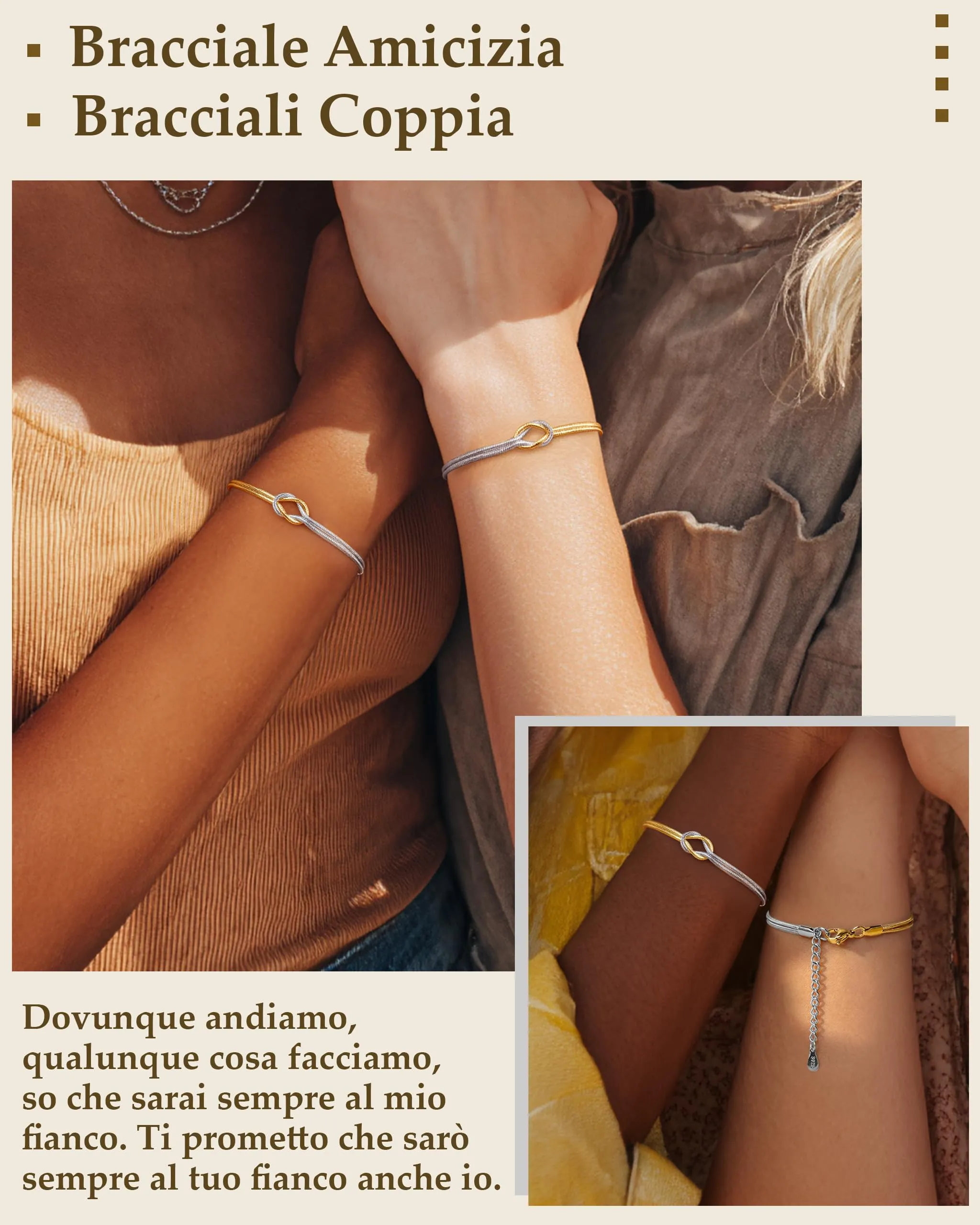 J.Fée Set di 2 Bracciali Nodo d'Amore in Argento 925 e Acciaio Oro, Regolabili - immagine 3