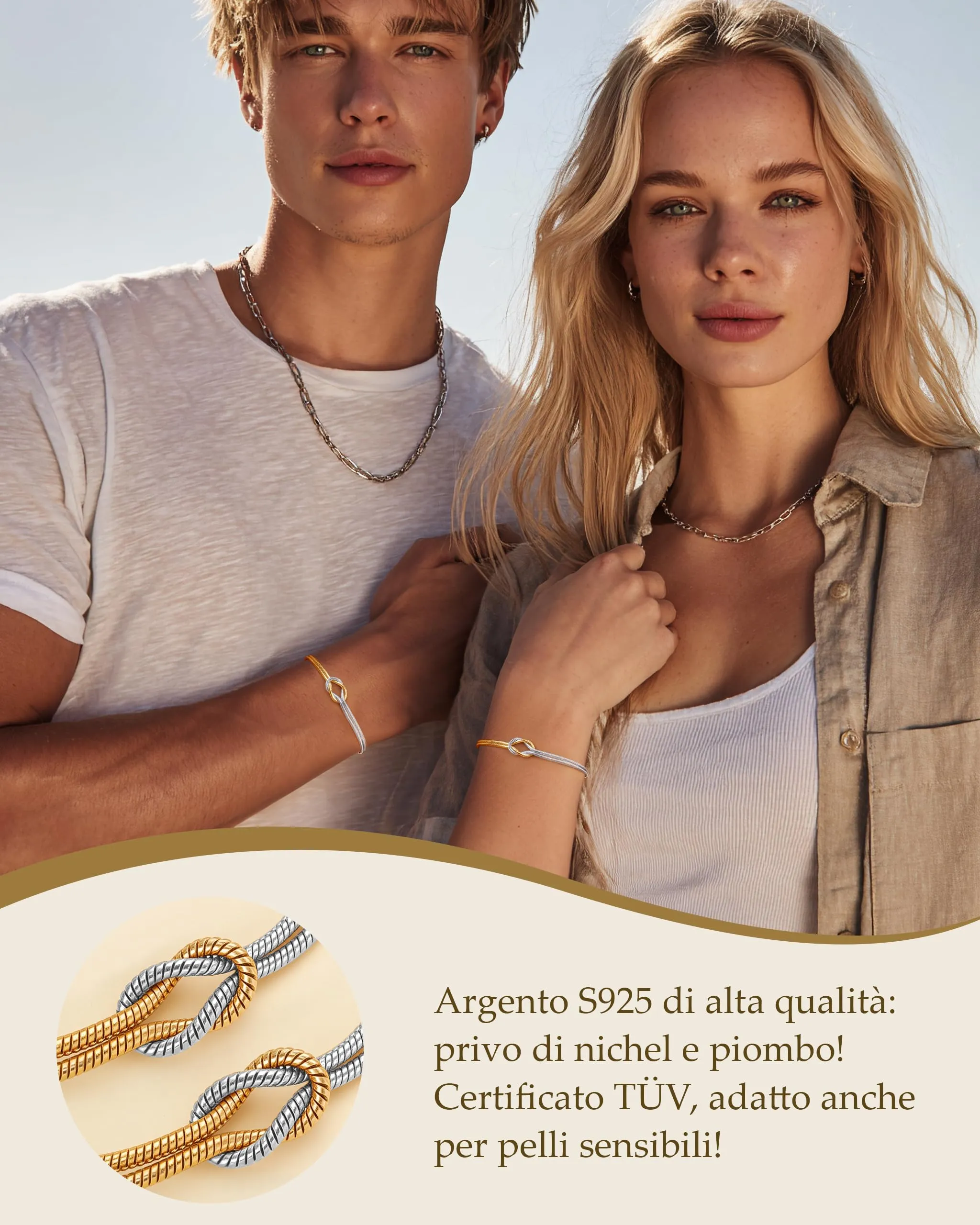 J.Fée Set di 2 Bracciali Nodo d'Amore in Argento 925 e Acciaio Oro, Regolabili - immagine 4