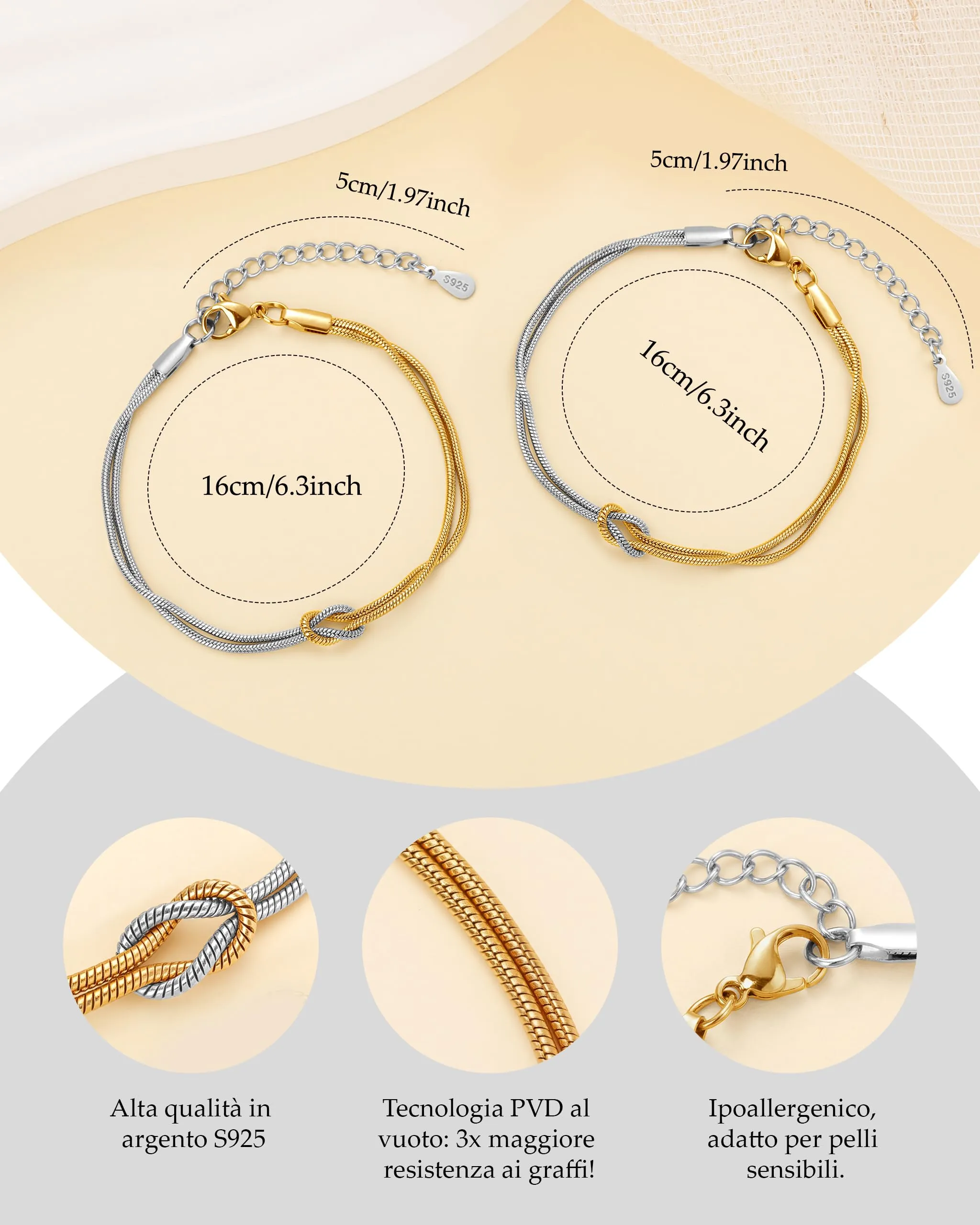 J.Fée Set di 2 Bracciali Nodo d'Amore in Argento 925 e Acciaio Oro, Regolabili - immagine 5