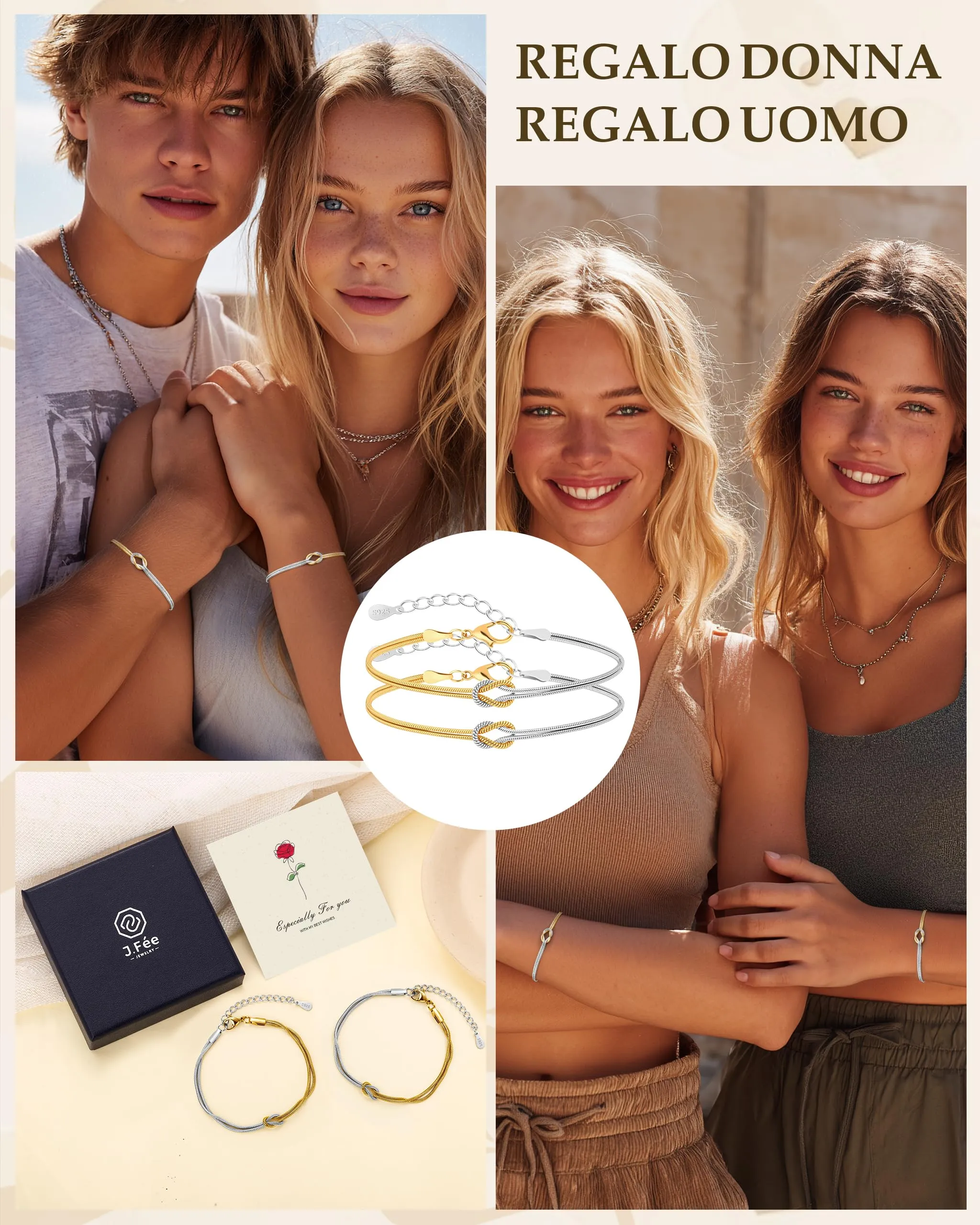J.Fée Set di 2 Bracciali Nodo d'Amore in Argento 925 e Acciaio Oro, Regolabili - immagine 6