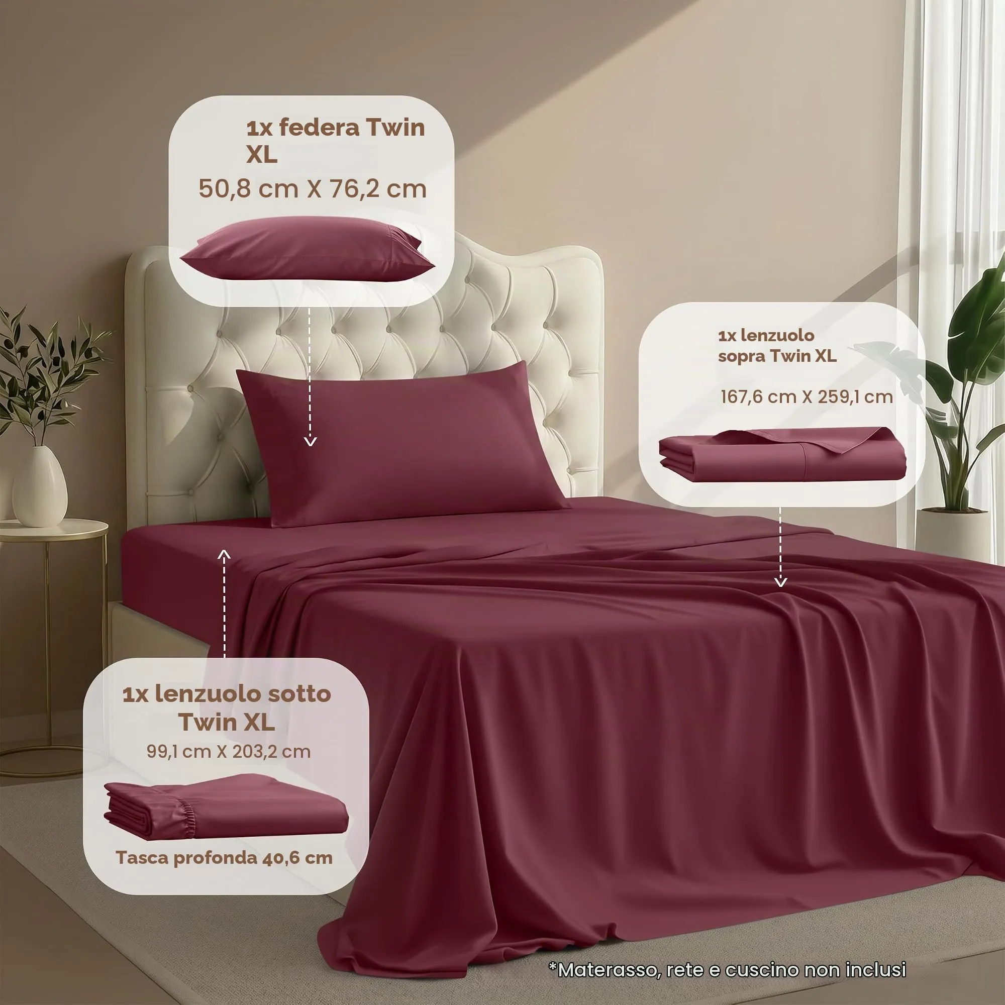 Utopia Bedding Set di lenzuola in microfibra, 3 pezzi, Twin XL, Borgogna - immagine 2
