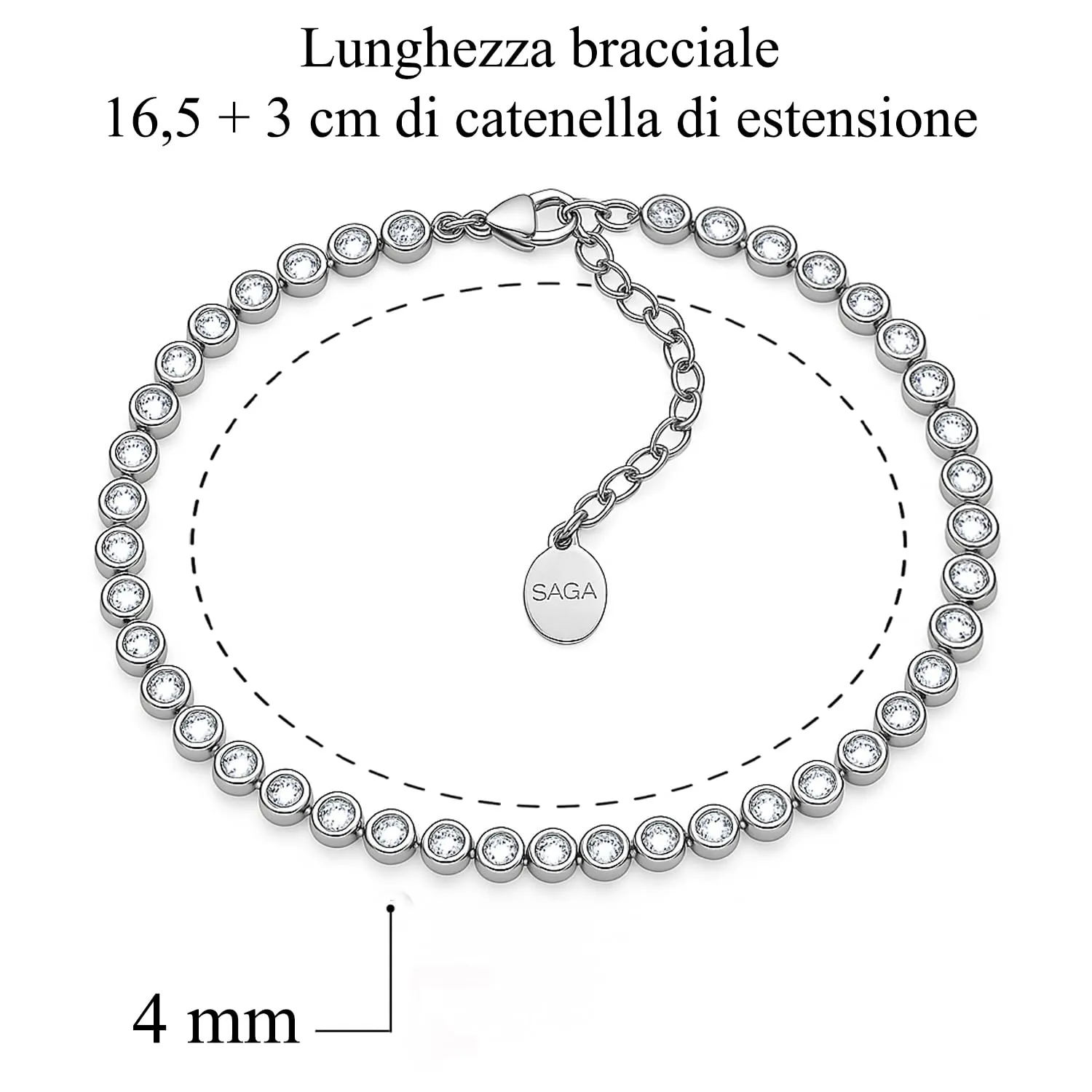 SAGA GIOIELLI Bracciale Tennis Unisex in Acciaio Inossidabile, Zirconi 4 mm, 16,5+3 cm, Trasparente - immagine 2