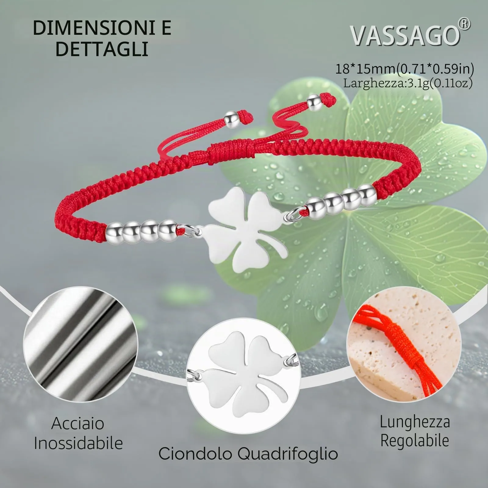 VASSAGO Bracciale da donna con quadrifoglio in acciaio inox, Taglia unica - immagine 4