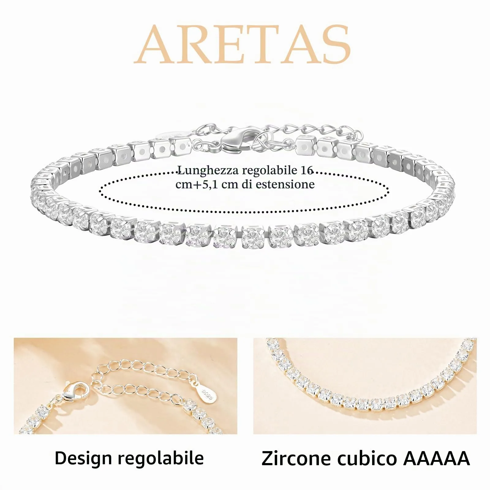 Aretas Braccialetto Tennis in Argento Sterling 925 Regolabile per Donna - immagine 5