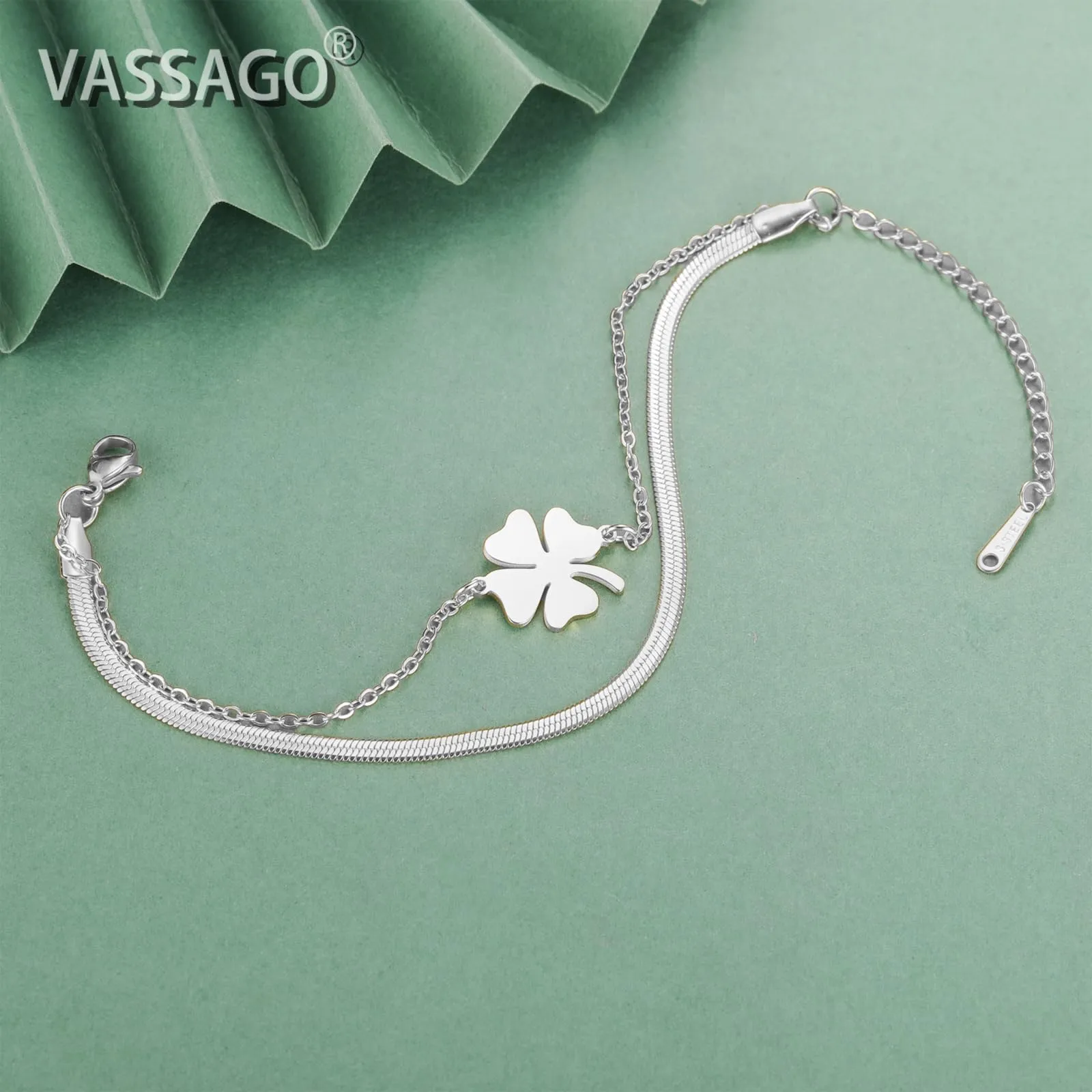 VASSAGO Bracciale da donna con quadrifoglio in acciaio inox, Taglia unica - immagine 3