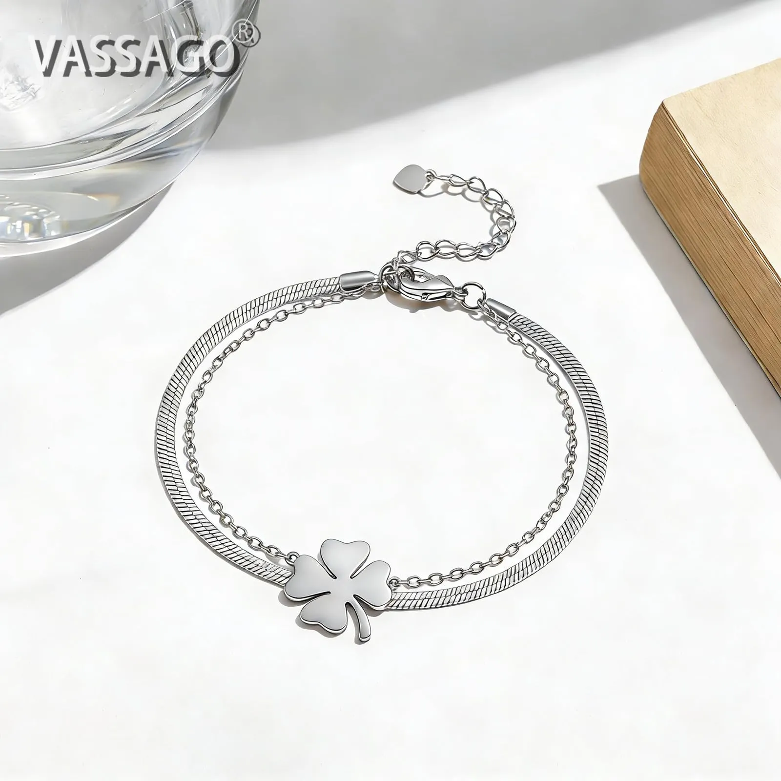 VASSAGO Bracciale da donna con quadrifoglio in acciaio inox, Taglia unica - immagine 4
