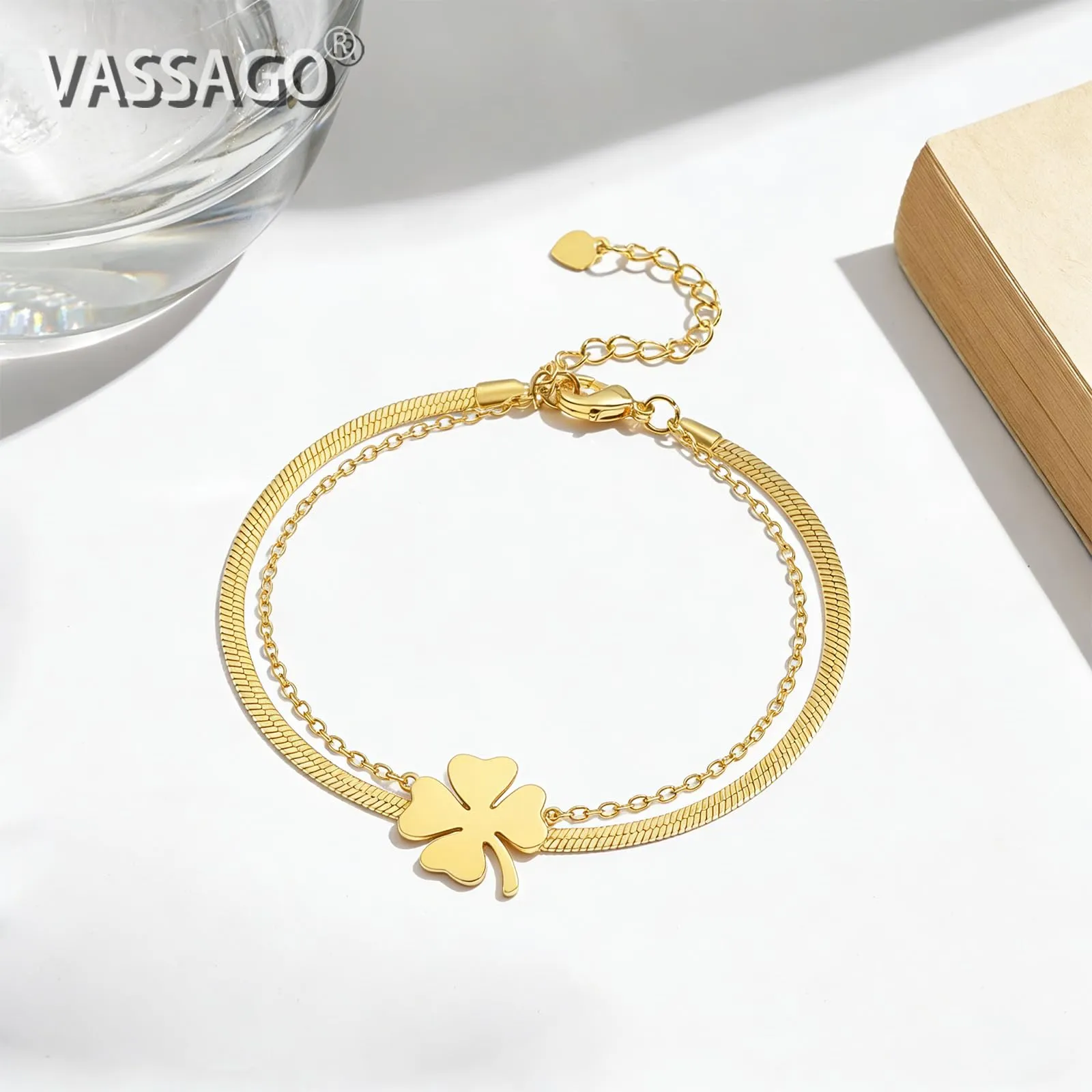 VASSAGO Bracciale da donna con quadrifoglio in acciaio inox, Taglia unica - immagine 3