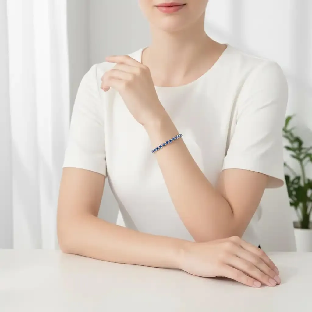 SAGA GIOIELLI Bracciale Tennis Unisex in Acciaio Inossidabile, Zirconi 4 mm, Regolabile 16,5+3 cm, Blu Elettrico - immagine 3