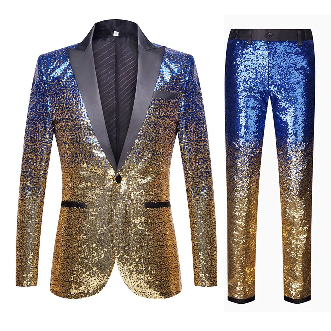 CARFFIV Men's Gradient Color Sequins Two Piece Suit Set (XS, Blue Gold) - immagine 1