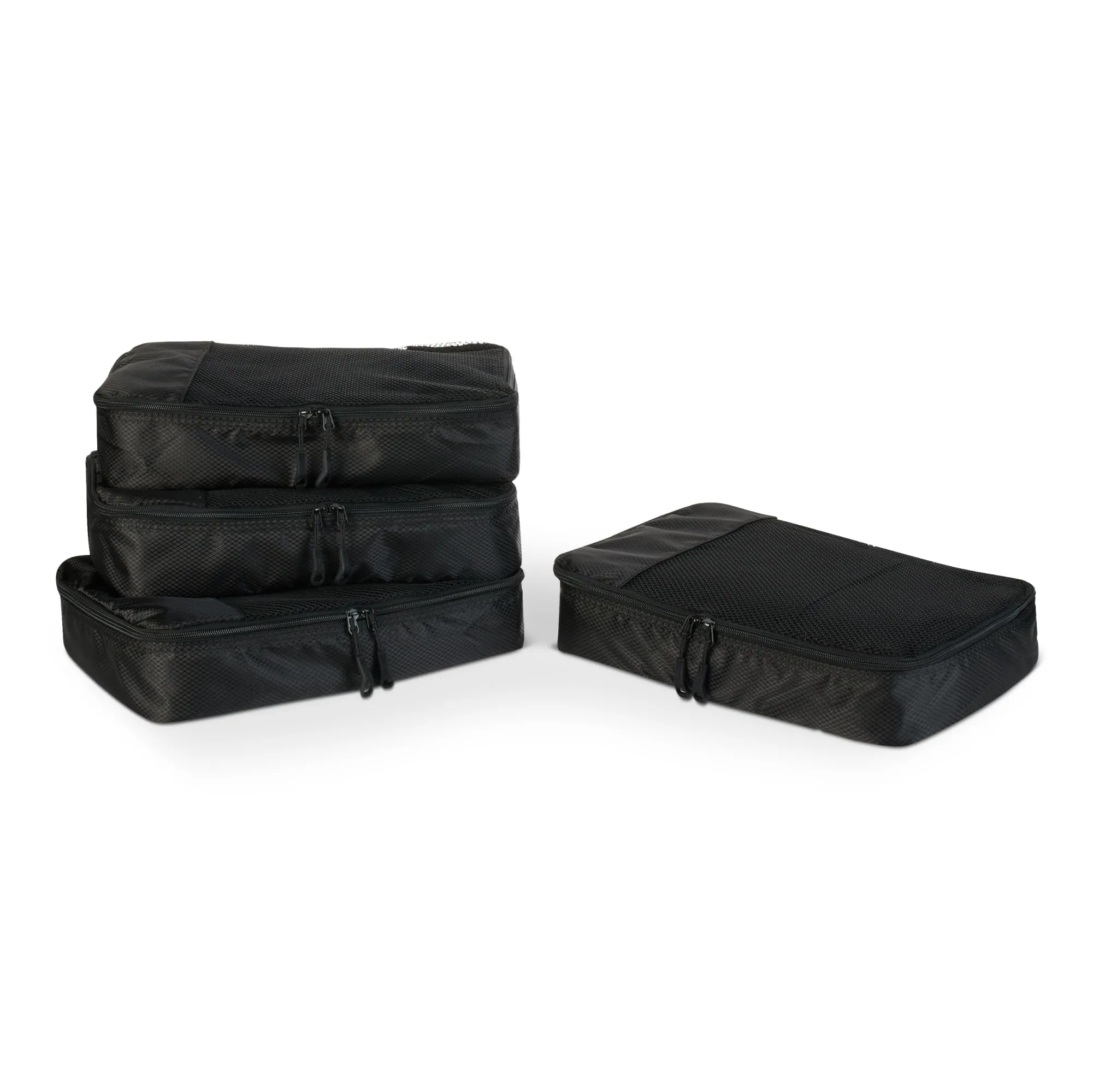Amazon Essentials Set di 4 Packing Cube, Organizer per Bagagli in Poliestere con Doppia Cerniera e Rete, Medium, Nero - immagine 1