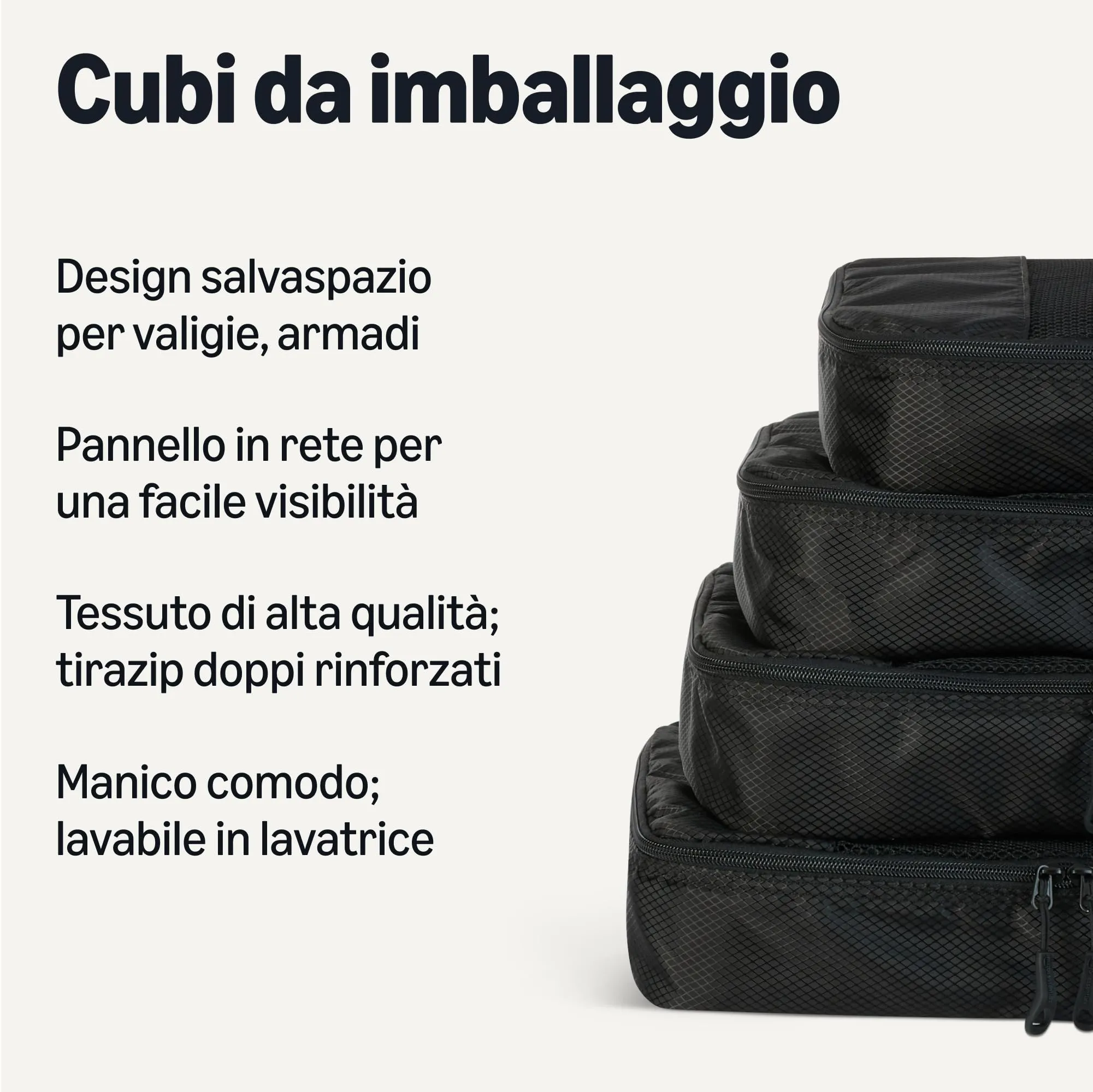 Amazon Essentials Set di 4 Packing Cube, Organizer per Bagagli in Poliestere con Doppia Cerniera e Rete, Medium, Nero - immagine 2