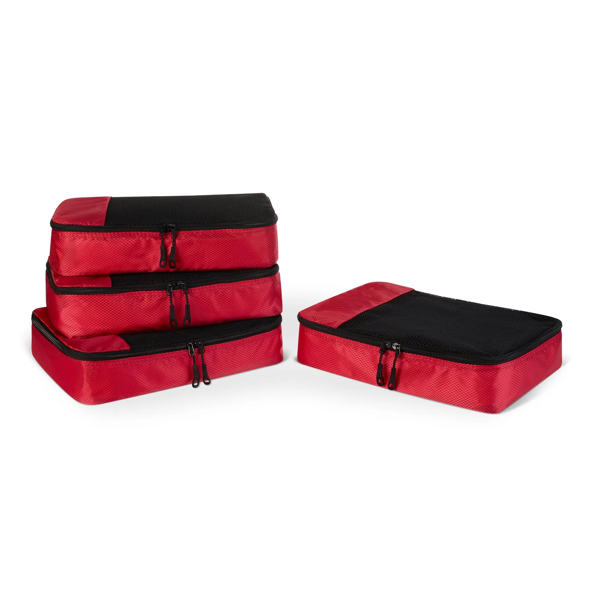 Amazon Essentials Set di 4 Packing Cube, Organizer per Bagagli con Doppia Cerniera e Parte Superiore in Rete, Poliestere, Medium, Rosso - immagine 1
