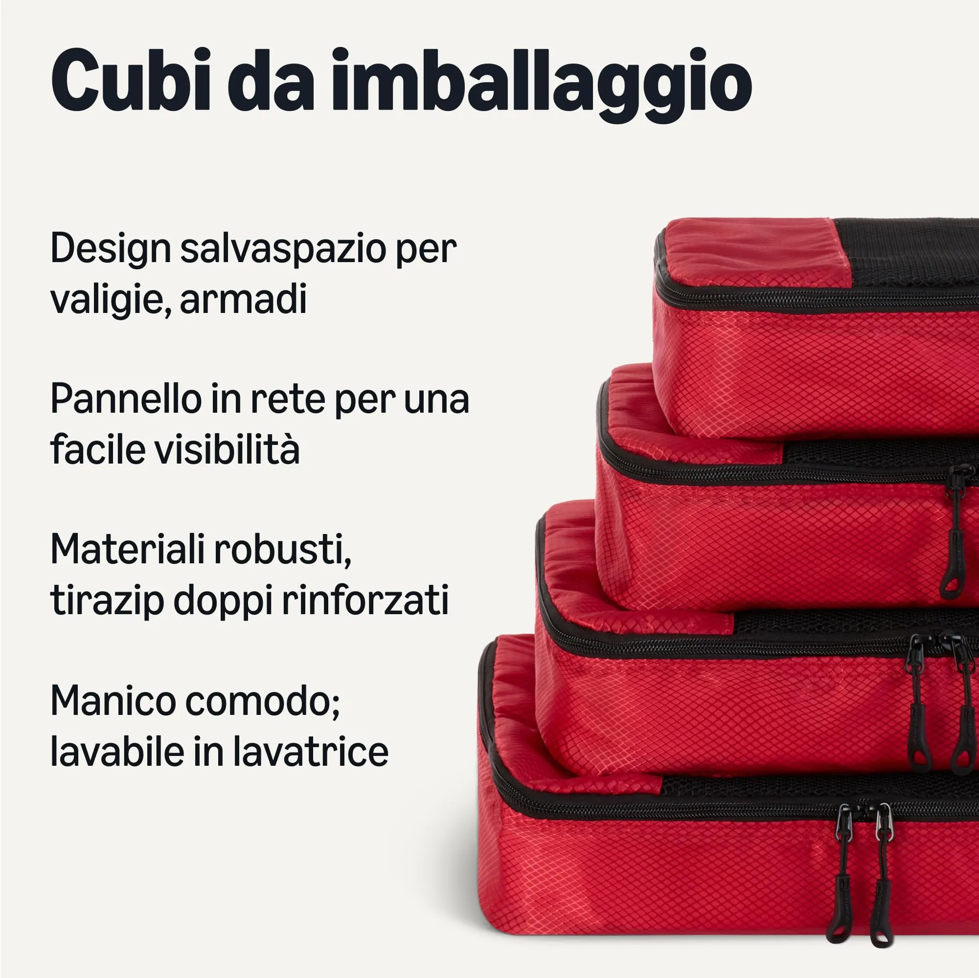 Amazon Essentials Set di 4 Packing Cube, Organizer per Bagagli con Doppia Cerniera e Parte Superiore in Rete, Poliestere, Medium, Rosso - immagine 2