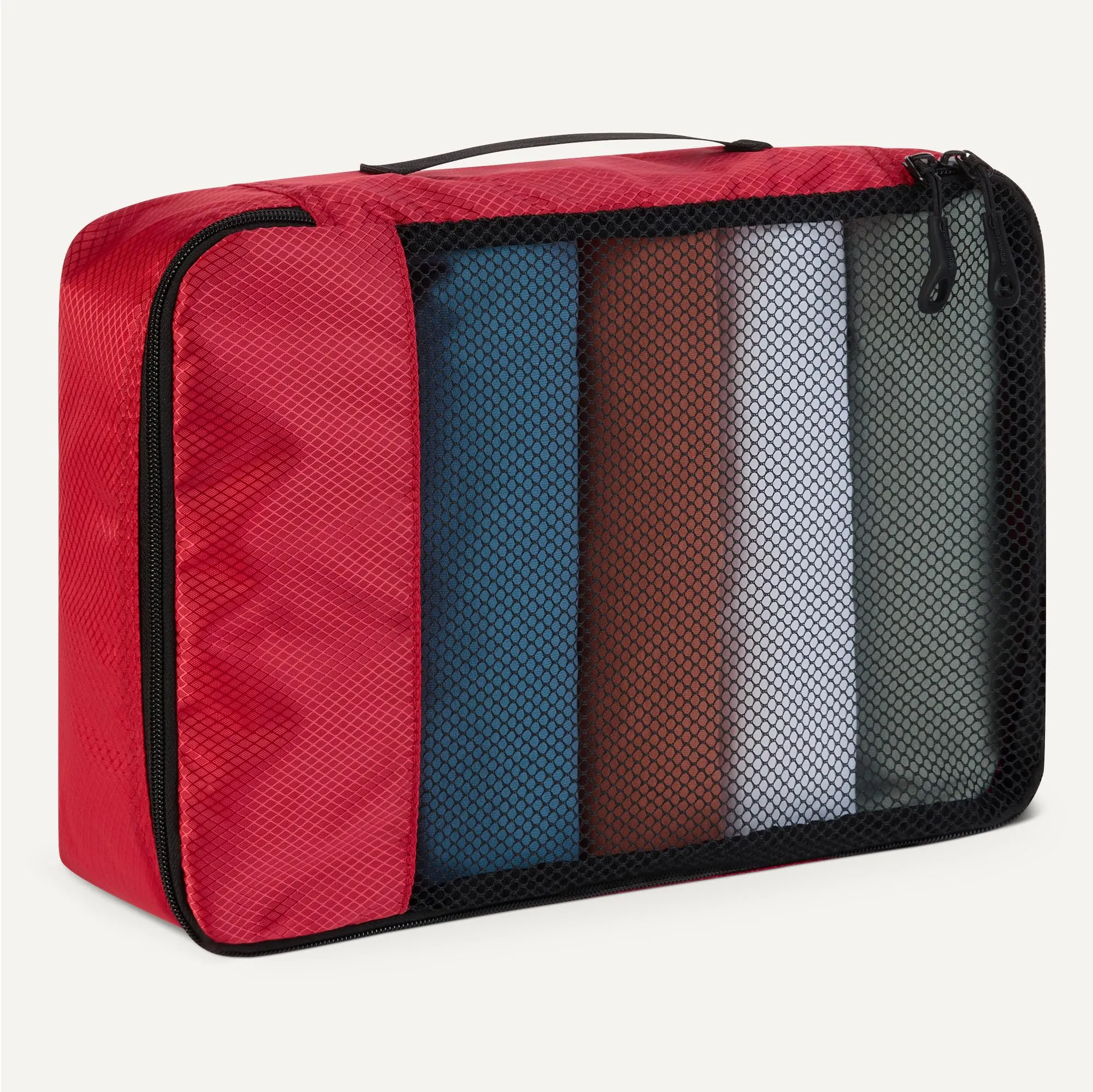 Amazon Essentials Set di 4 Packing Cube, Organizer per Bagagli con Doppia Cerniera e Parte Superiore in Rete, Poliestere, Medium, Rosso - immagine 4