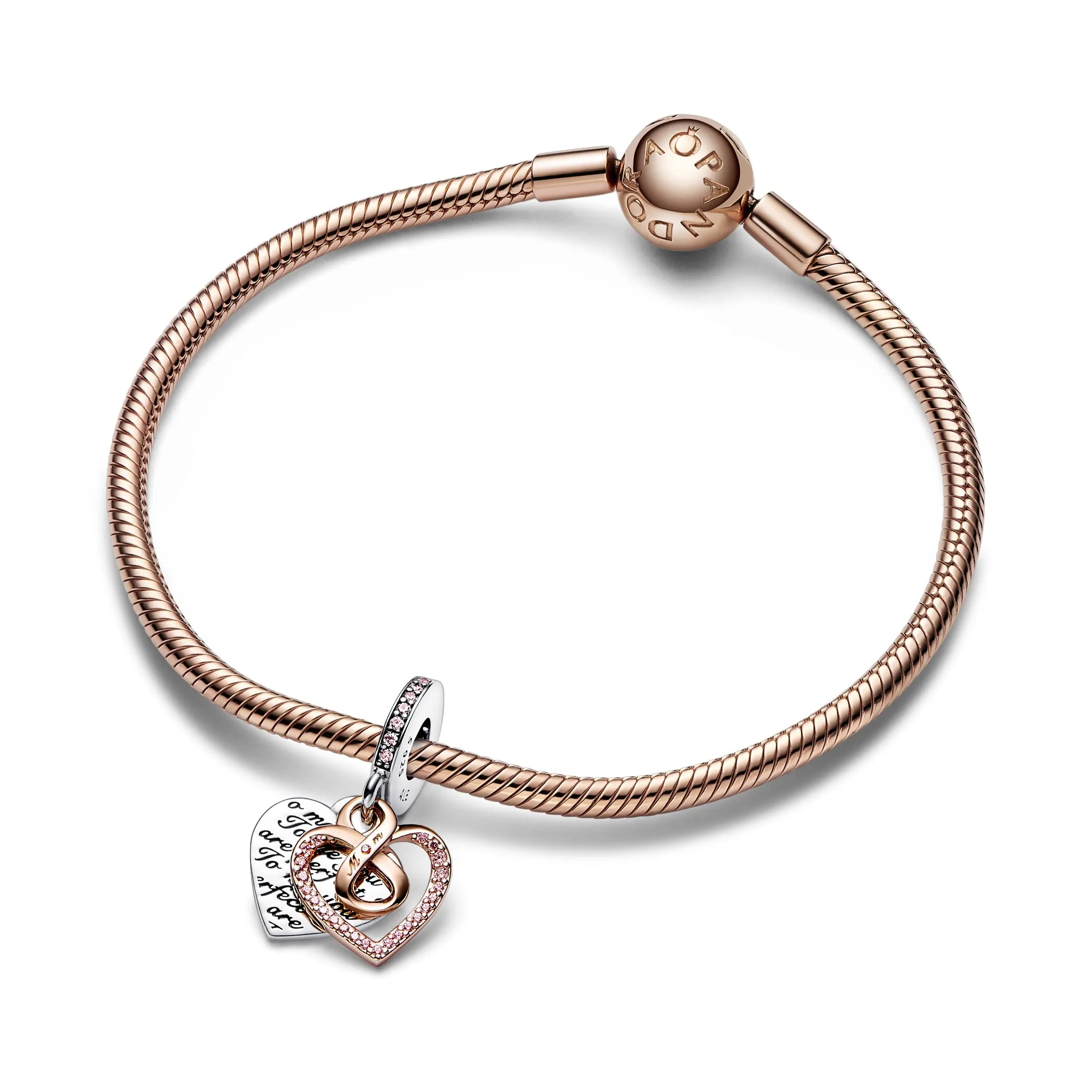 Pandora Moments Pendente Doppio Cuore in Argento Sterling e Oro Rosa 14k con Zirconi Rosa - immagine 3