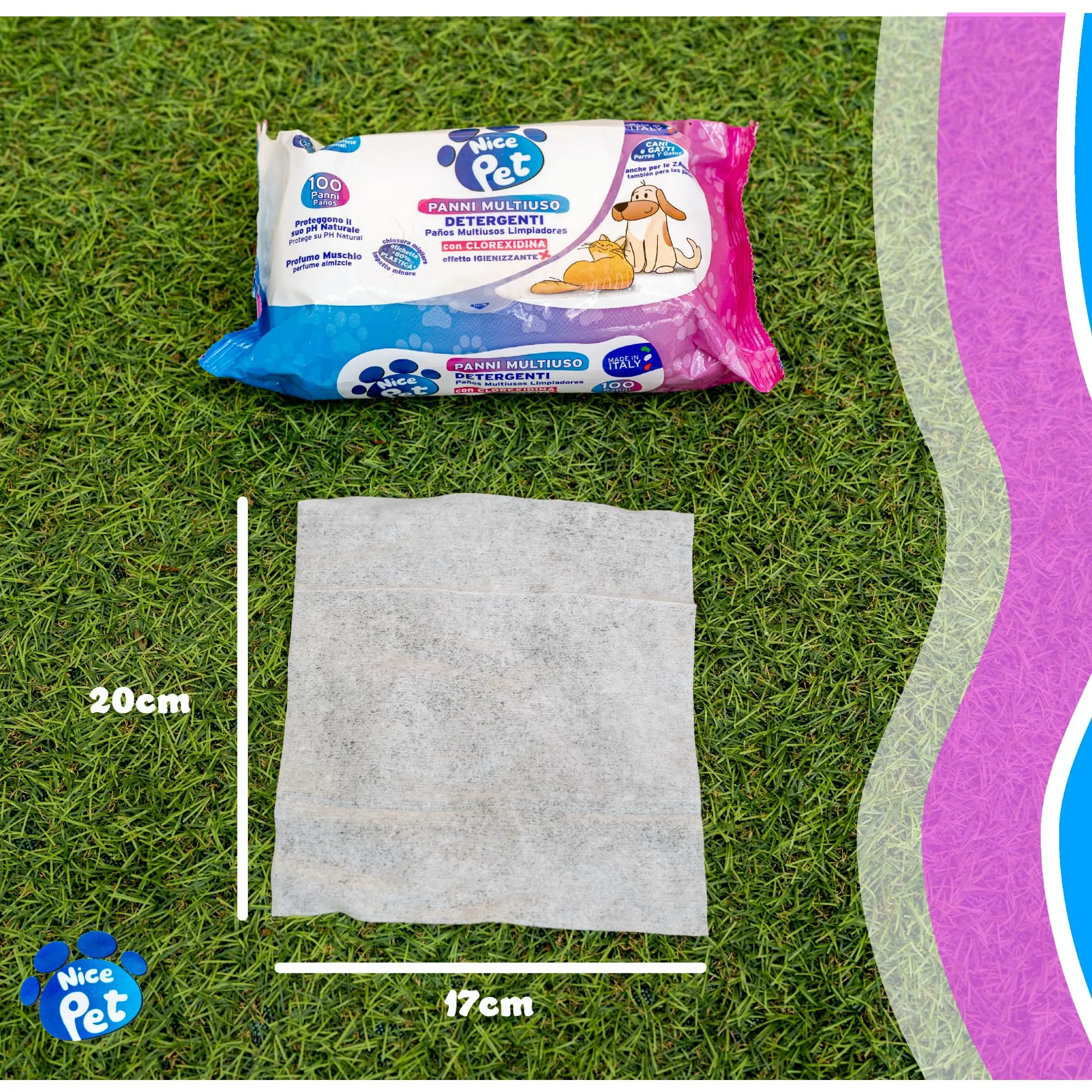 Nice Pet Salviette Multiuso Detergenti Igienizzanti per Cani e Gatti al Muschio con Clorexidina, 100 Salviette - immagine 5