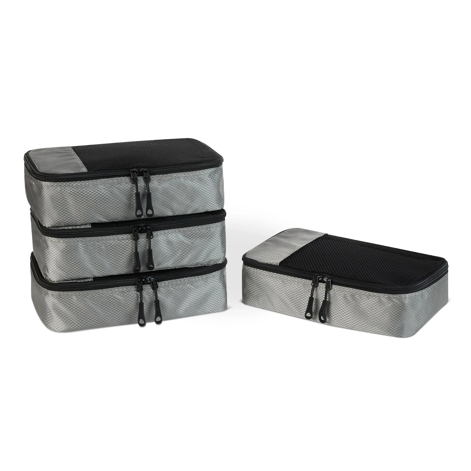 Amazon Essentials Set di 4 Packing Cube, Organizer per Bagagli in Poliestere con Doppia Cerniera e Rete, Small, Grigio - immagine 1