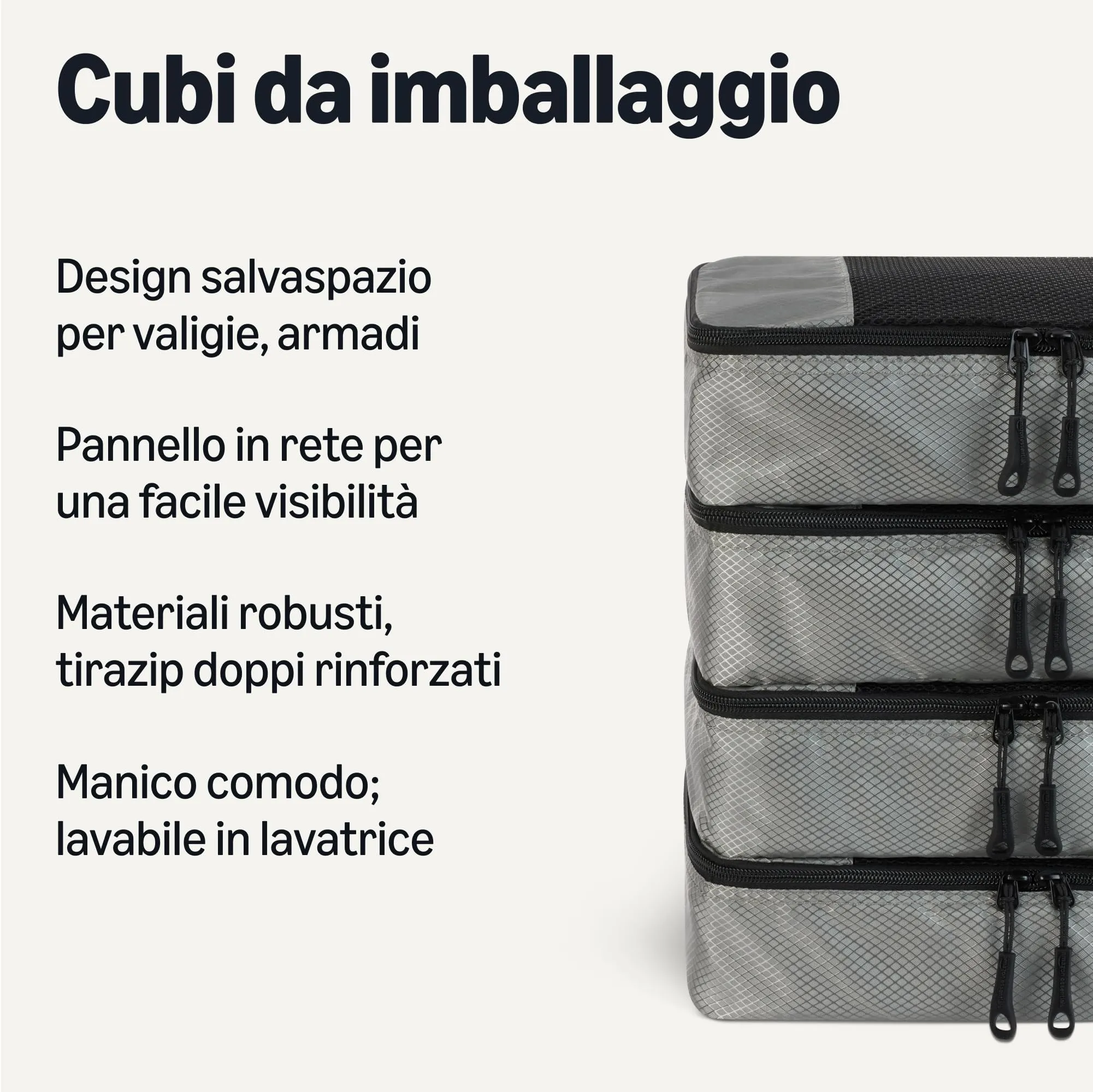 Amazon Essentials Set di 4 Packing Cube, Organizer per Bagagli in Poliestere con Doppia Cerniera e Rete, Small, Grigio - immagine 2
