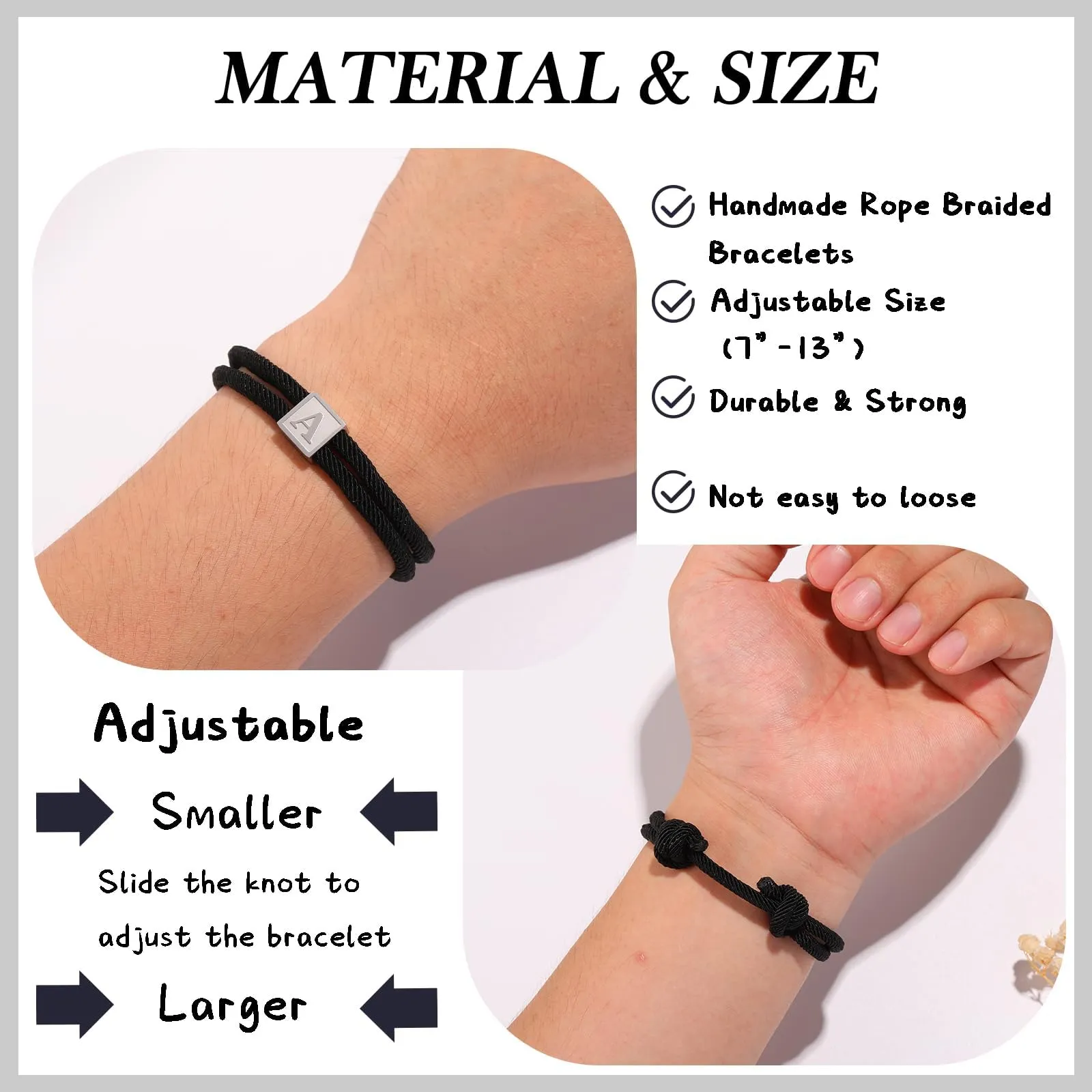 Esmoly Bracciale Uomo con Iniziale in Corda Intrecciata Regolabile - Argento Z - immagine 5