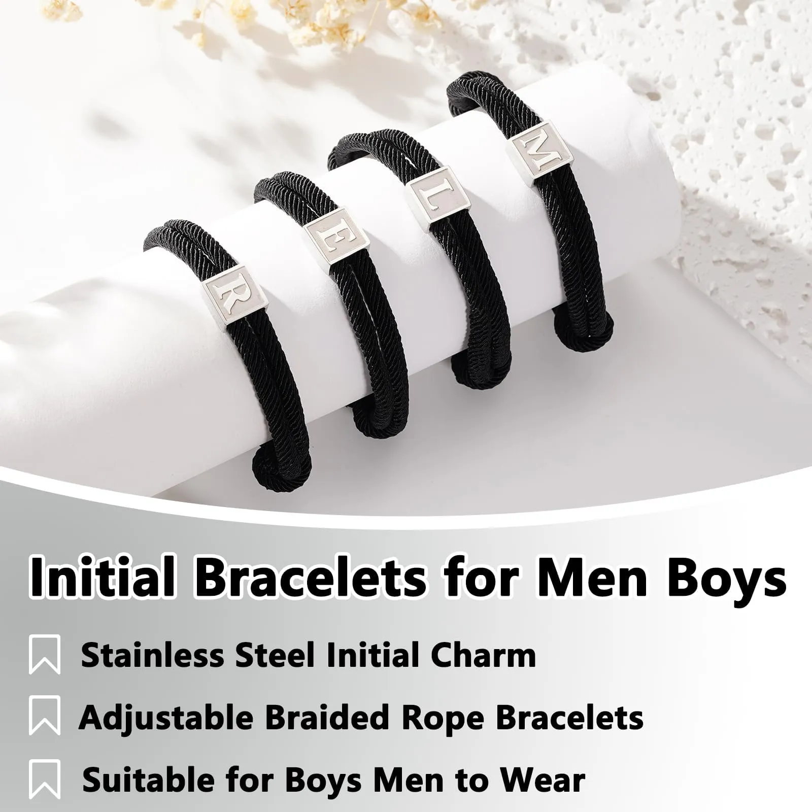 Esmoly Bracciale Uomo con Iniziale in Corda Intrecciata Regolabile (Argento U) - immagine 4