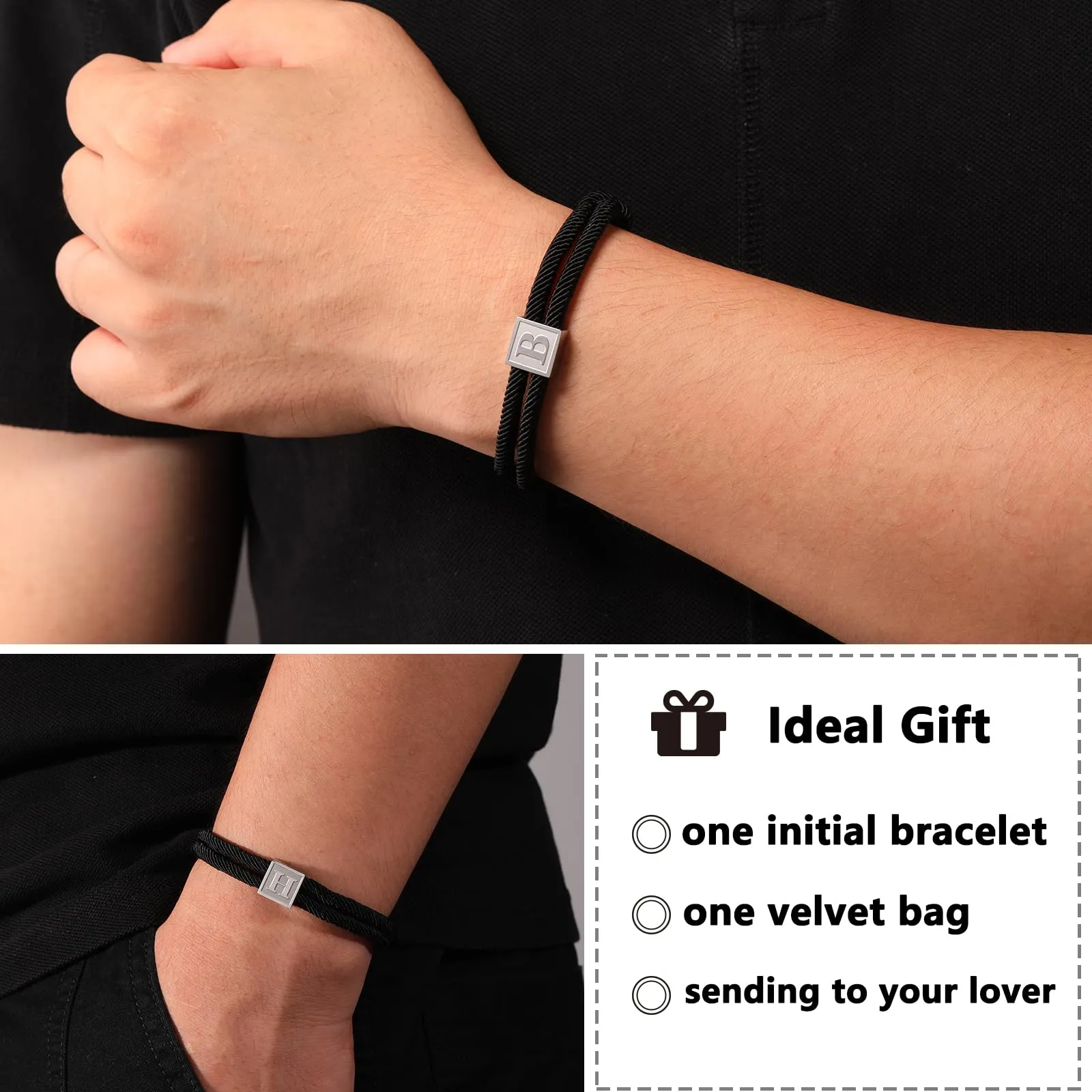 Esmoly Bracciale Uomo con Iniziale in Corda Intrecciata a Mano, Impermeabile e Regolabile (Argento A) - immagine 6