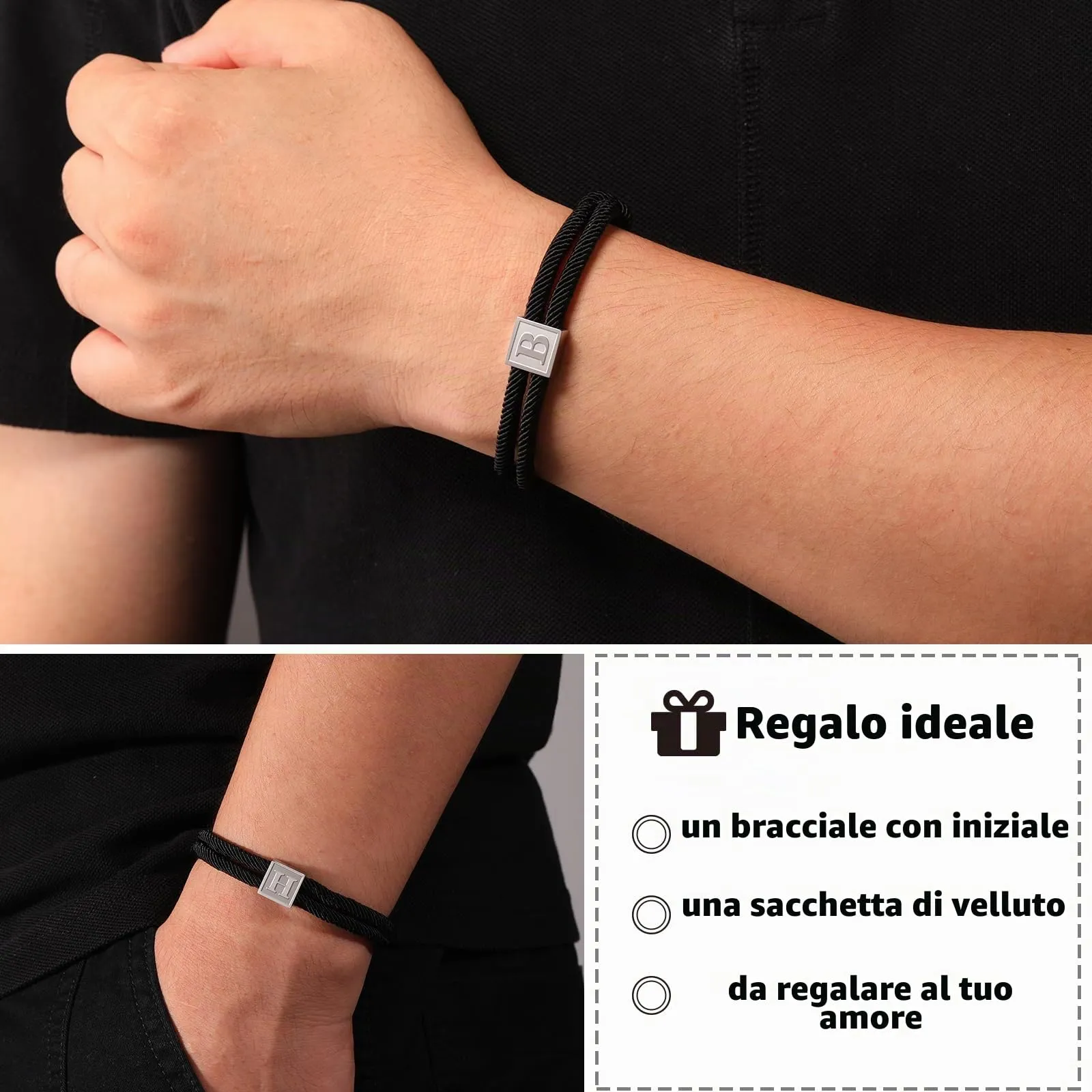 Esmoly Bracciale Uomo in Corda Intrecciata con Iniziale Personalizzata, Argento E - immagine 6