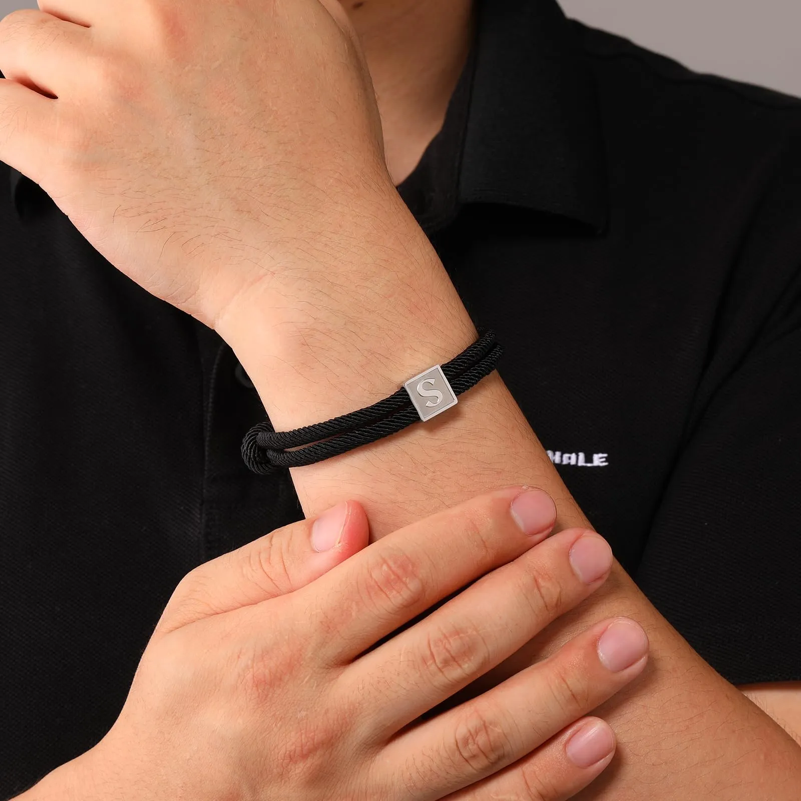 Esmoly Bracciale Uomo Personalizzato con Iniziale, Corda Intrecciata a Mano, Regolabile (Argento H) - immagine 3