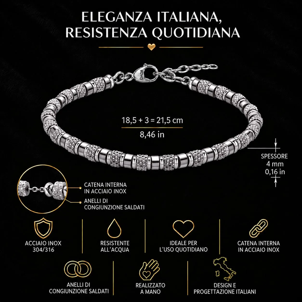 Dada Gioielli Bracciale con Pietre Naturali Argento Ematite Misura Regolabile 18,5+3 cm - immagine 4