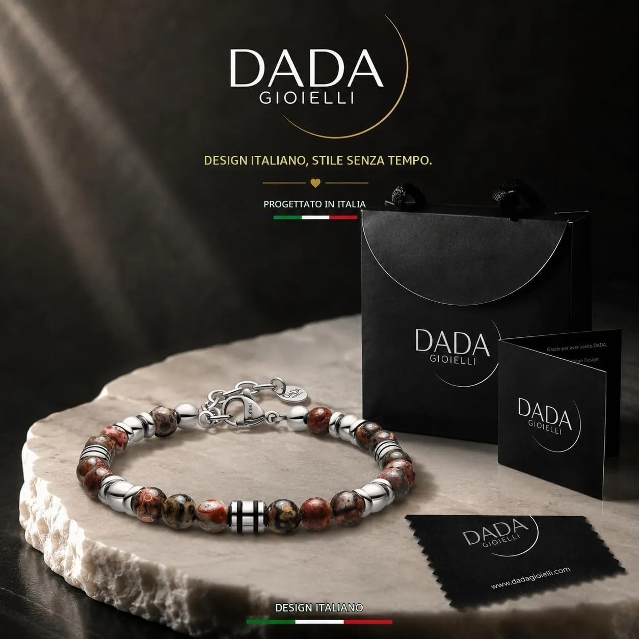 Dada Gioielli Bracciale Uomo in Pietra Naturale 6mm Diaspro Rosso - immagine 3