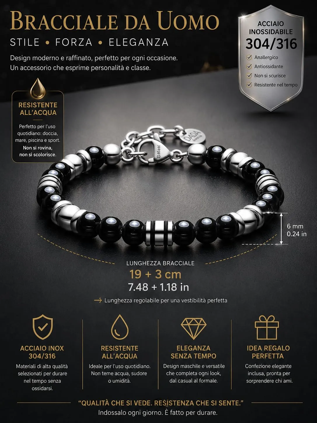 Dada Gioielli Bracciale Uomo in Pietra Naturale 6mm Aulite Turchese - immagine 4