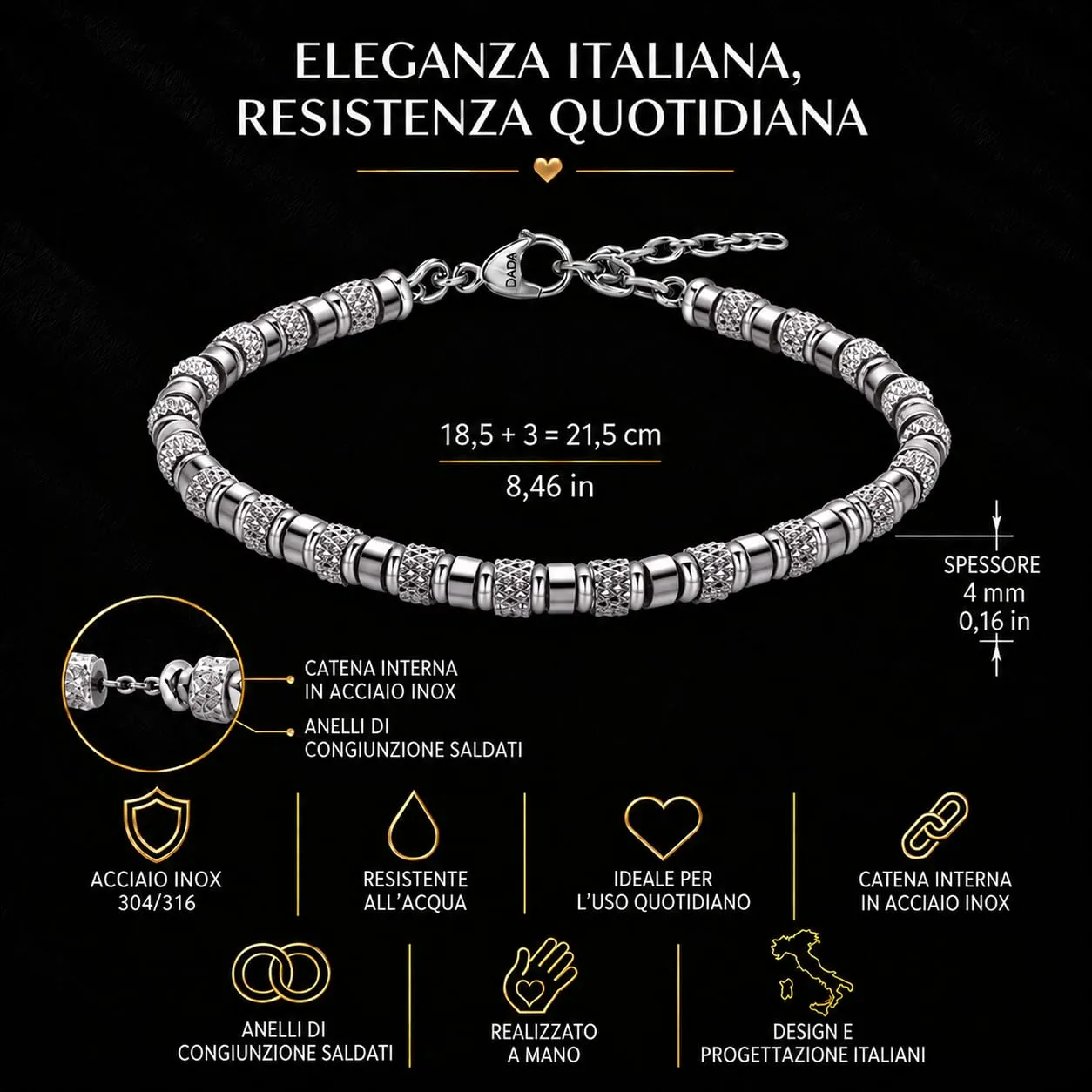 Dada Gioielli Bracciale con Pietre Naturali Nero Onice Misura Regolabile 18,5+3 cm - immagine 4