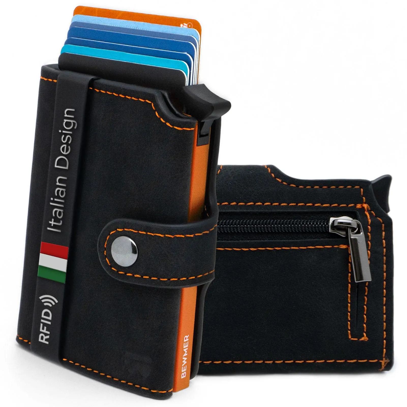 BEWMER v2 Portafoglio Slim in Similpelle con Protezione RFID, Nero Arancione - immagine 1