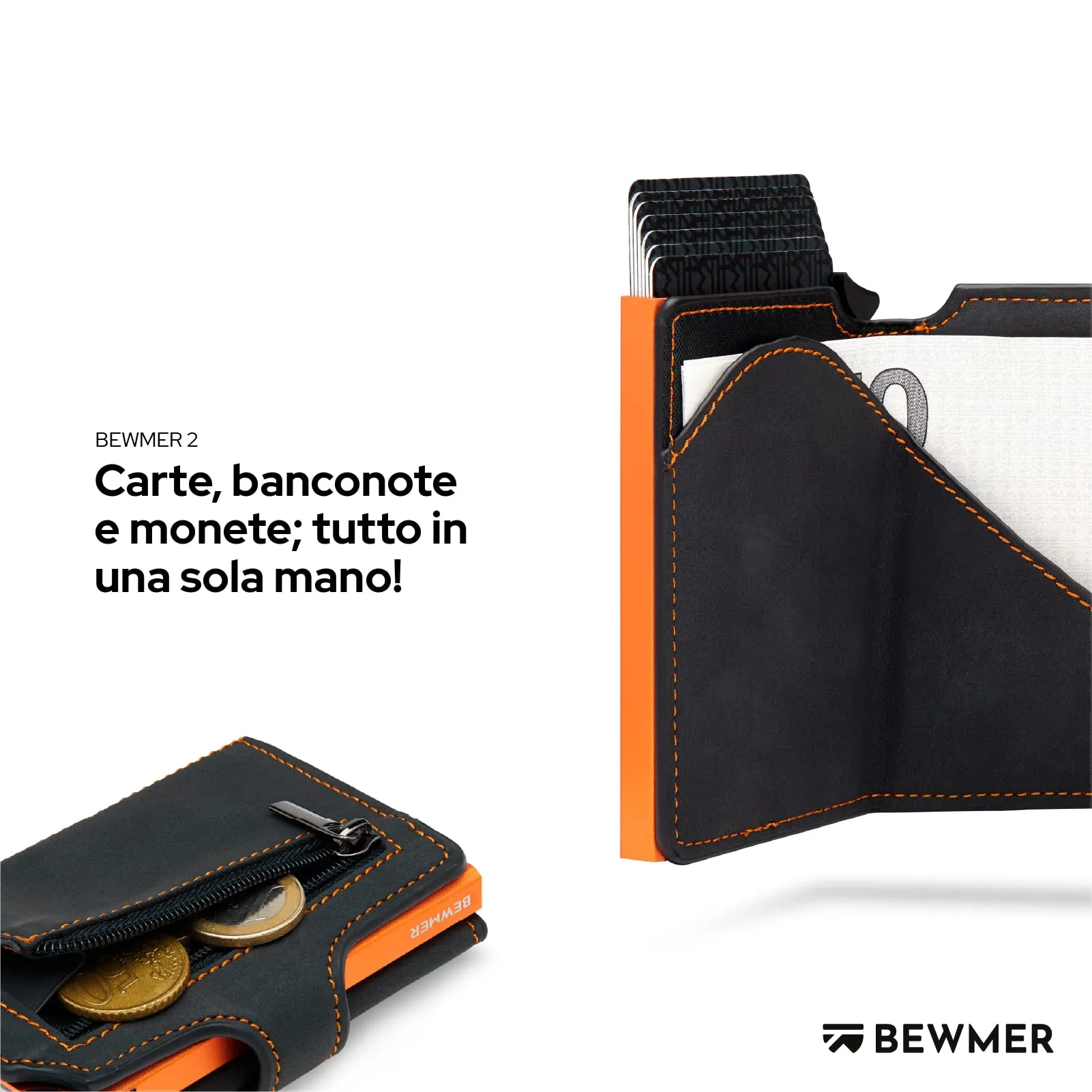 BEWMER v2 Portafoglio Slim in Similpelle con Protezione RFID, Nero Arancione - immagine 3