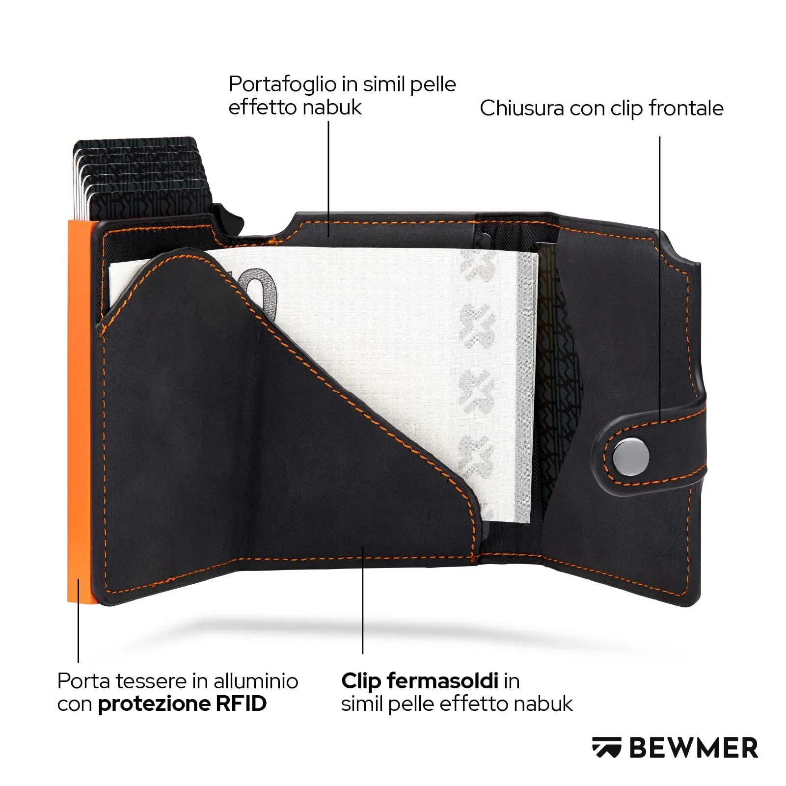 BEWMER v2 Portafoglio Slim in Similpelle con Protezione RFID, Nero Arancione - immagine 4