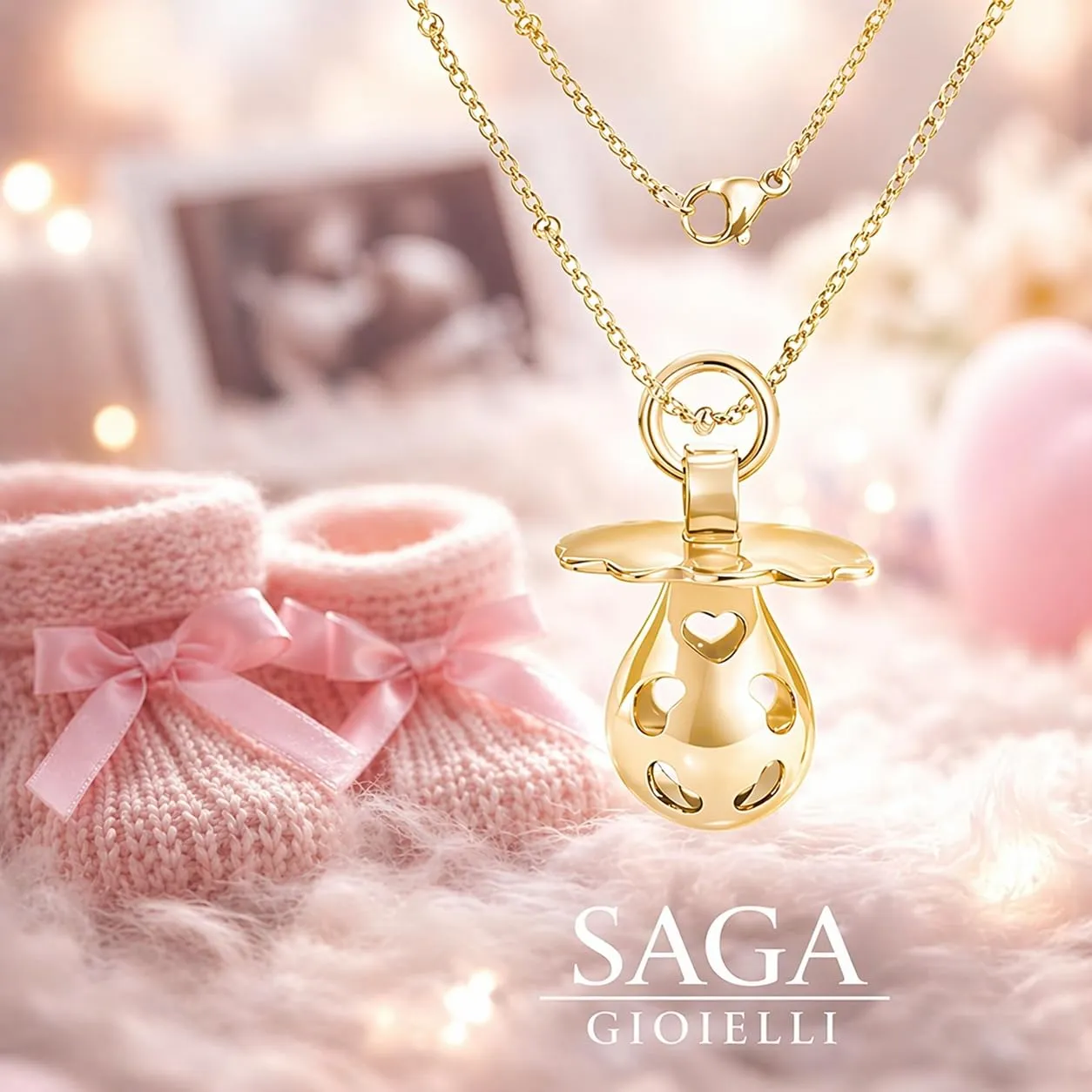 SAGA GIOIELLI Collana Chiama Angeli Gravidanza con Ciuccio Sonoro, Dorato - immagine 2