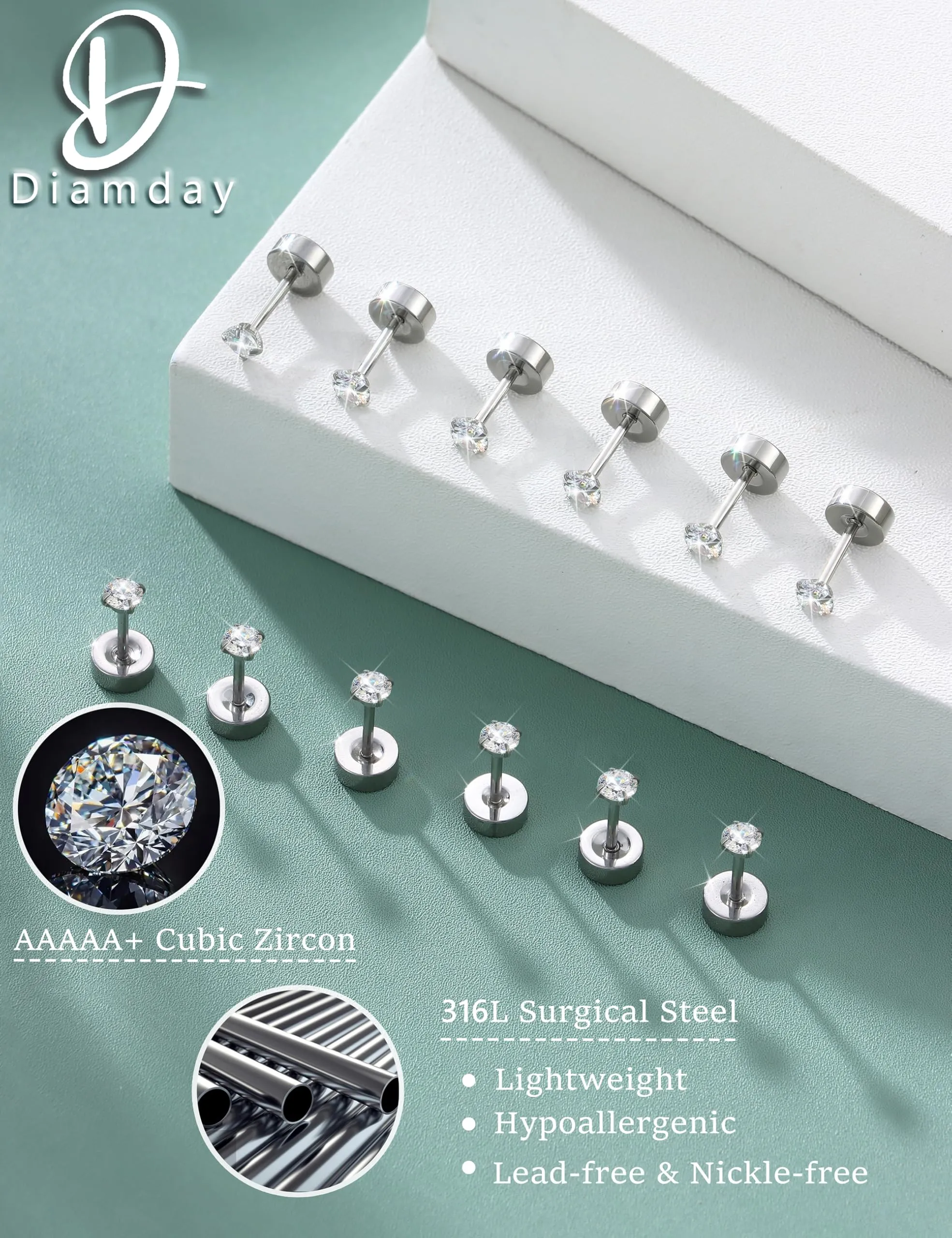 Diamday Set di 6 paia di orecchini a cartilagine 20G in acciaio chirurgico 316L, Flat Back CZ per Tragus e Helix, Ipoallergenici, Argento (3mm) - immagine 6