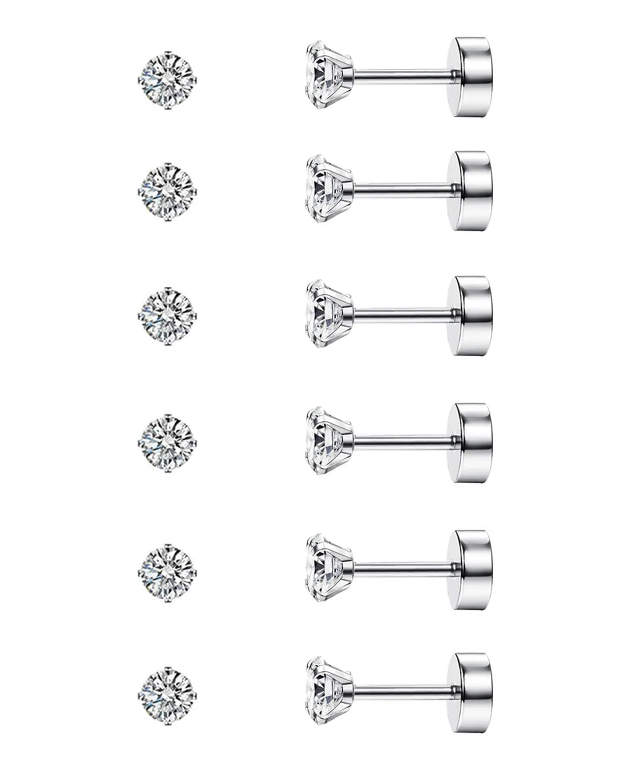 Diamday Set di 6 paia di orecchini a cartilagine 20G in acciaio chirurgico 316L, Flat Back CZ per Tragus e Helix, Ipoallergenici, Argento (3mm) - immagine 9