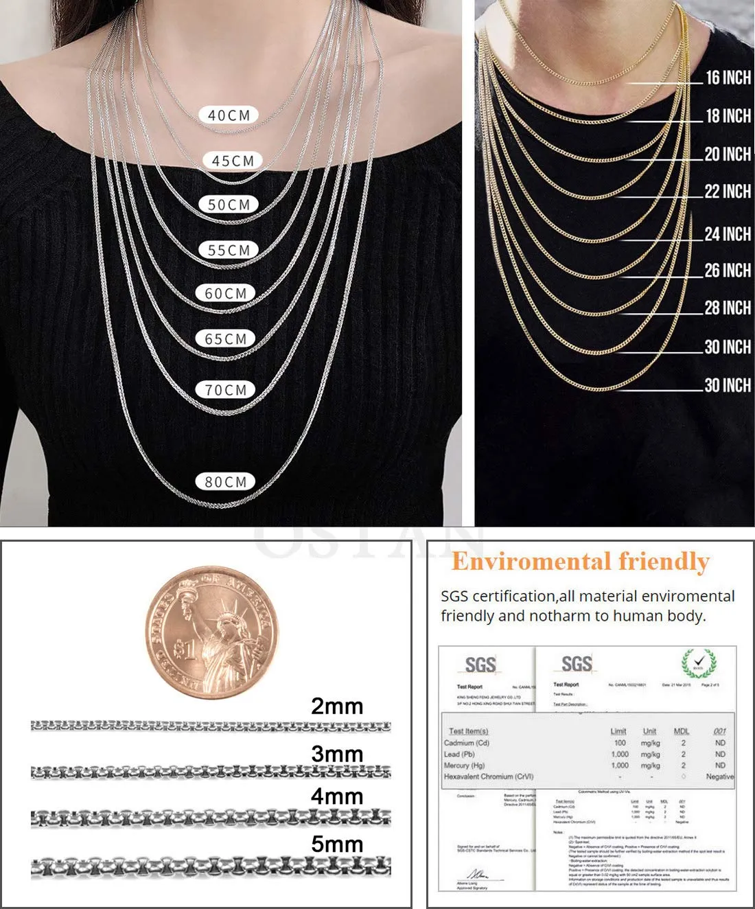 OSTAN Collana a Catena Veneziana in Acciaio Inossidabile Argento 2.5mm 75cm - immagine 5