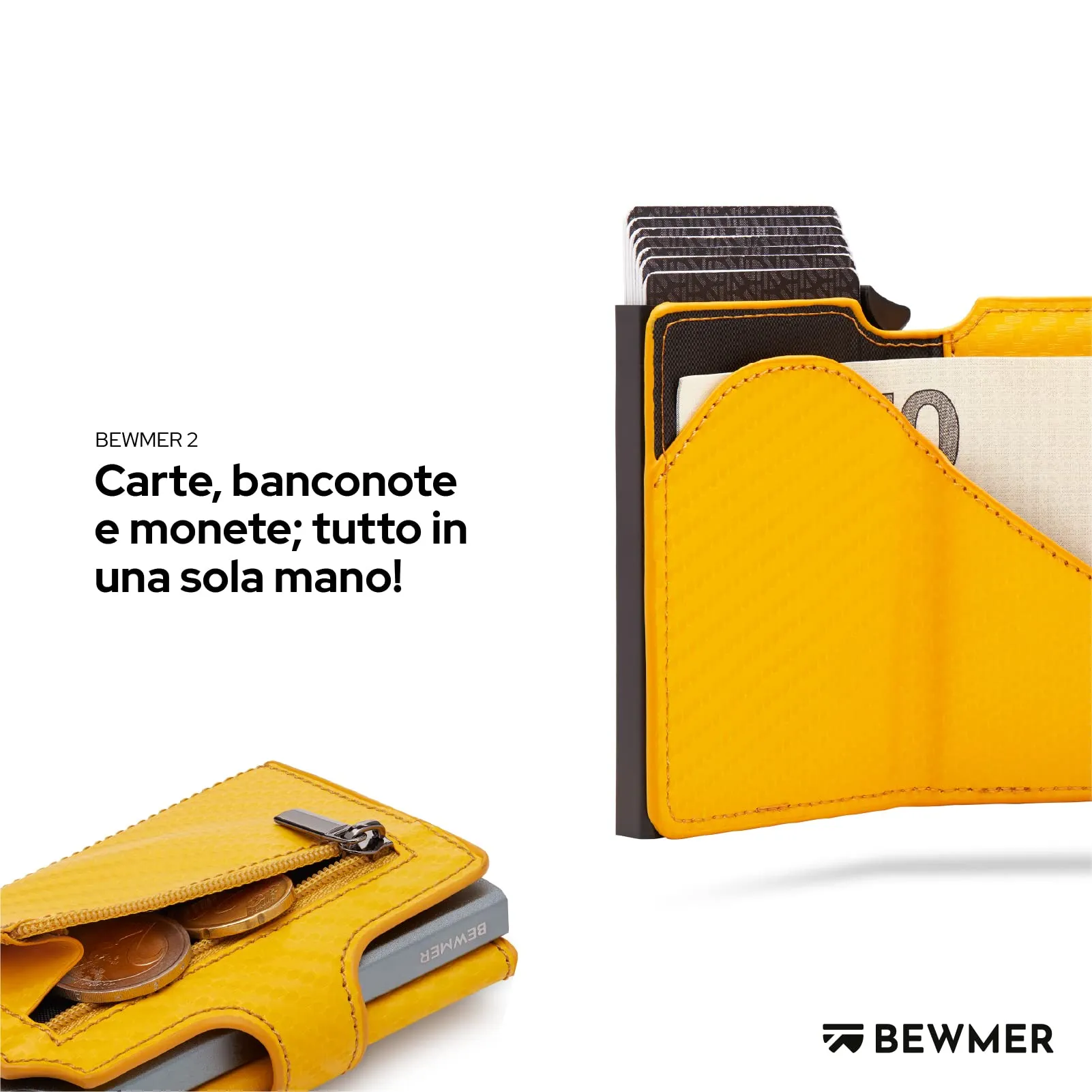 BEWMER v2 Portafoglio Slim in Similpelle con Protezione RFID, Porta Carte e Portamonete, Giallo Carbon - immagine 3