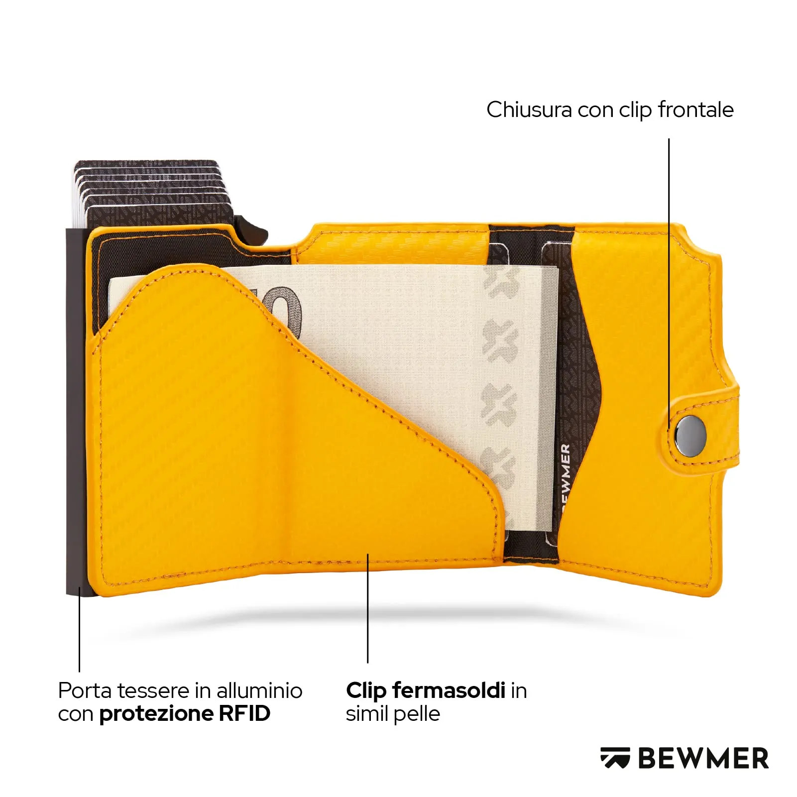 BEWMER v2 Portafoglio Slim in Similpelle con Protezione RFID, Porta Carte e Portamonete, Giallo Carbon - immagine 4