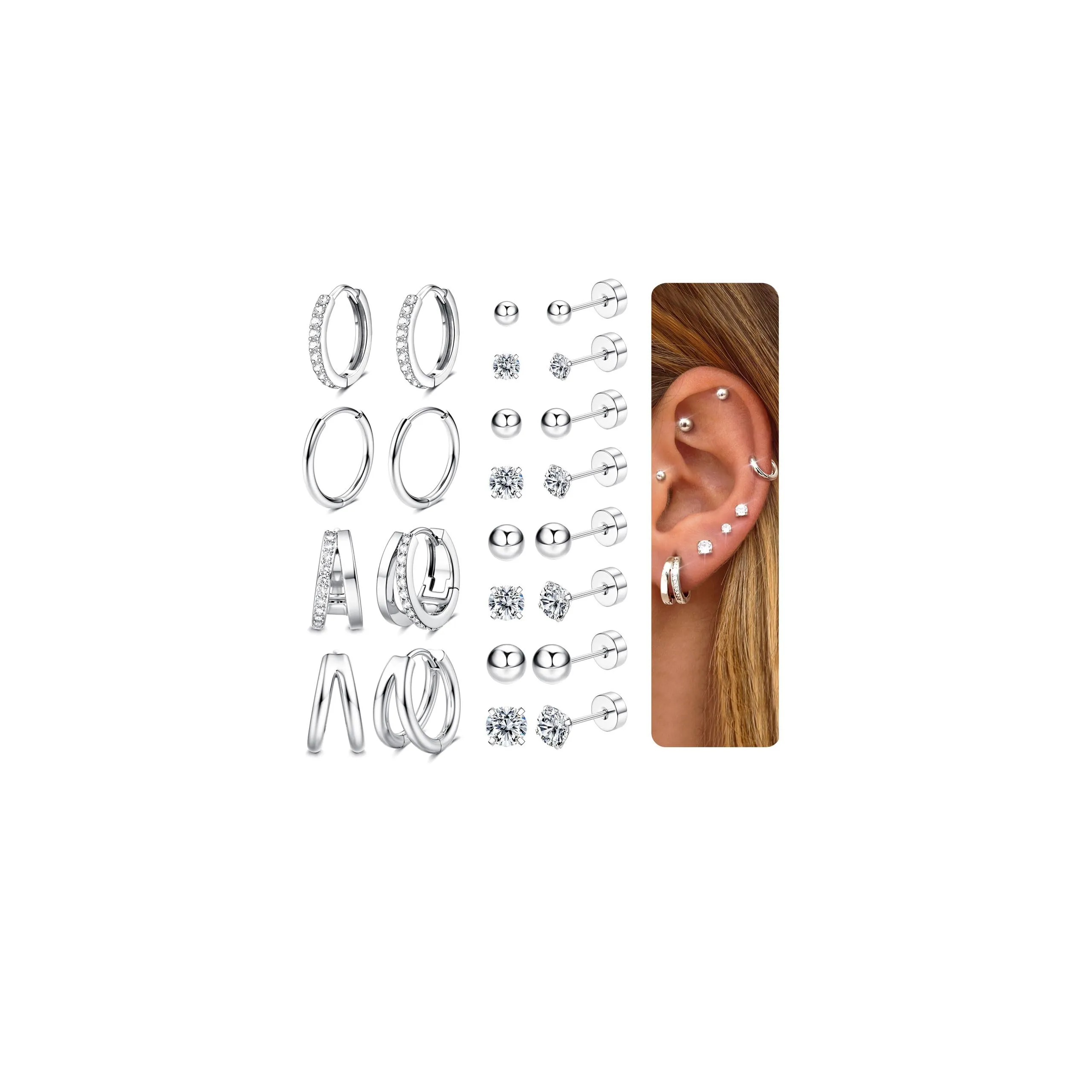 CASSIECA Set 12 Paia Orecchini in Acciaio Chirurgico Argento per Piercing Helix, Trago e Conch - immagine 1
