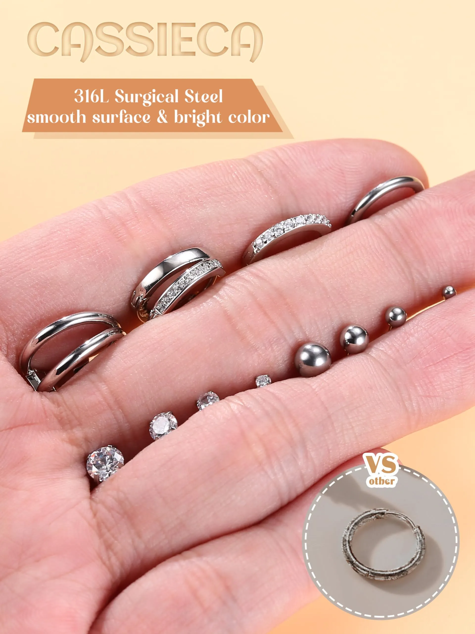 CASSIECA Set 12 Paia Orecchini in Acciaio Chirurgico Argento per Piercing Helix, Trago e Conch - immagine 7