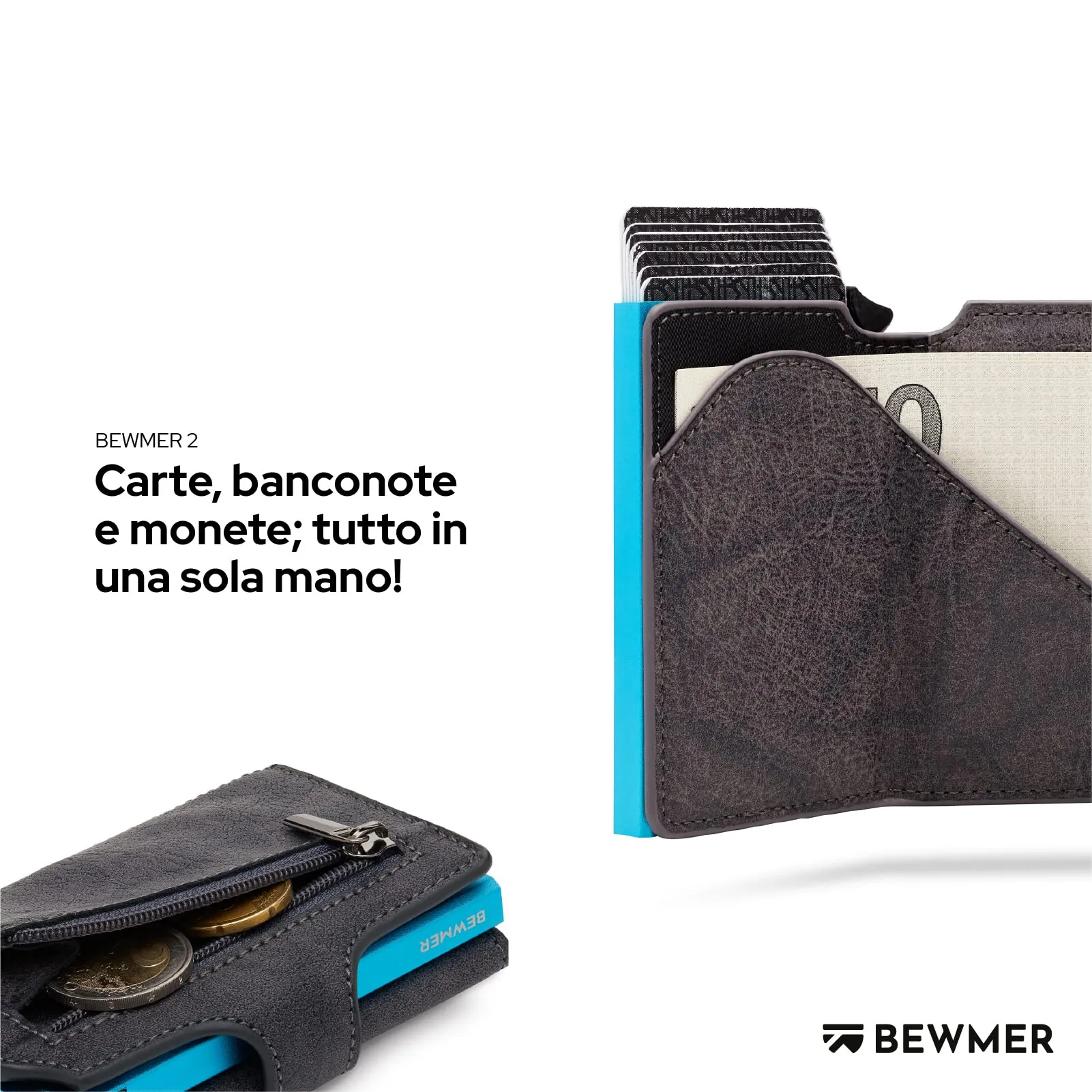 BEWMER v2 Portafoglio Uomo Slim in Similpelle con Protezione RFID, Grigio Scuro Blu - immagine 3